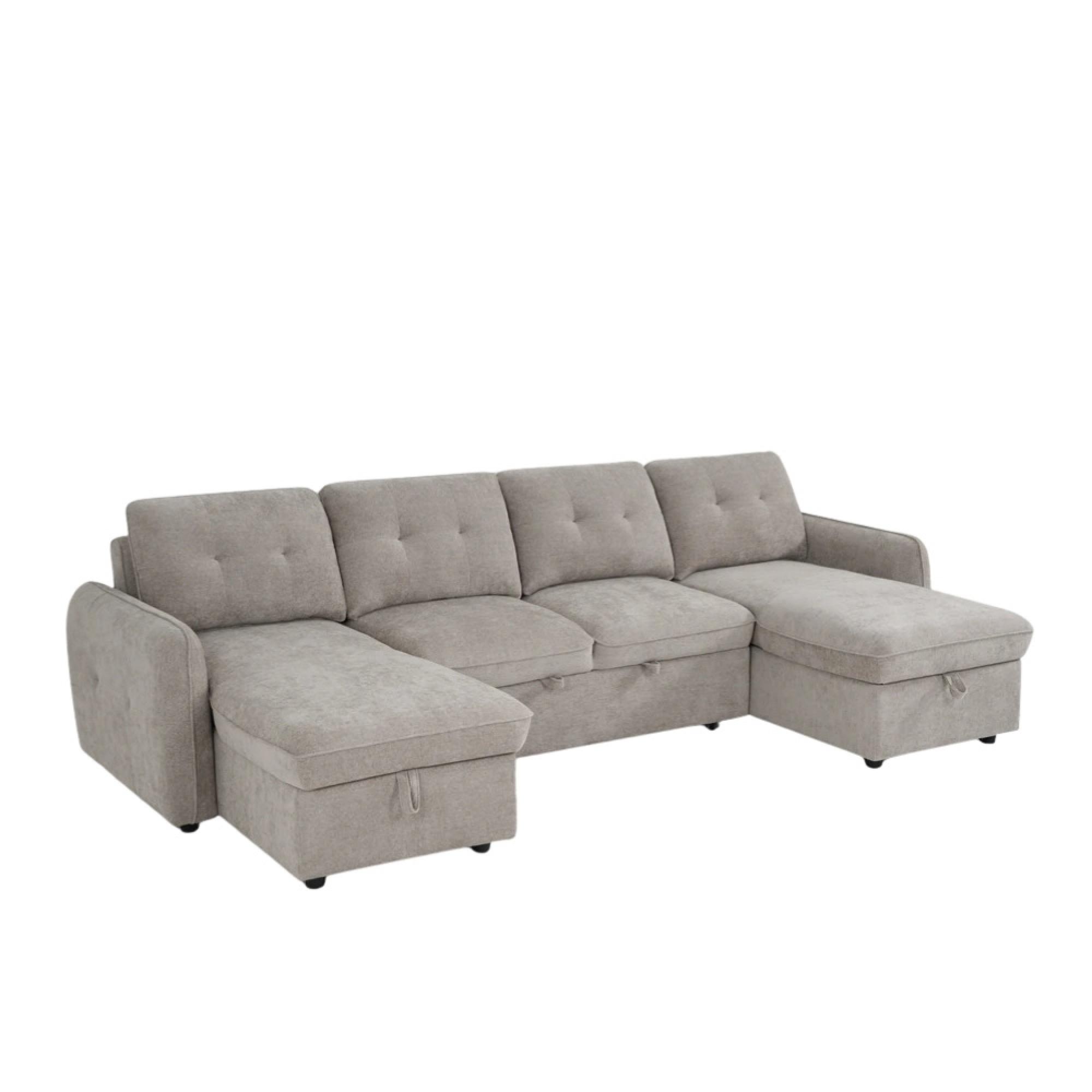 Moscow U Shape Corner Sofa Bed - Beige Fabric - Pull Out