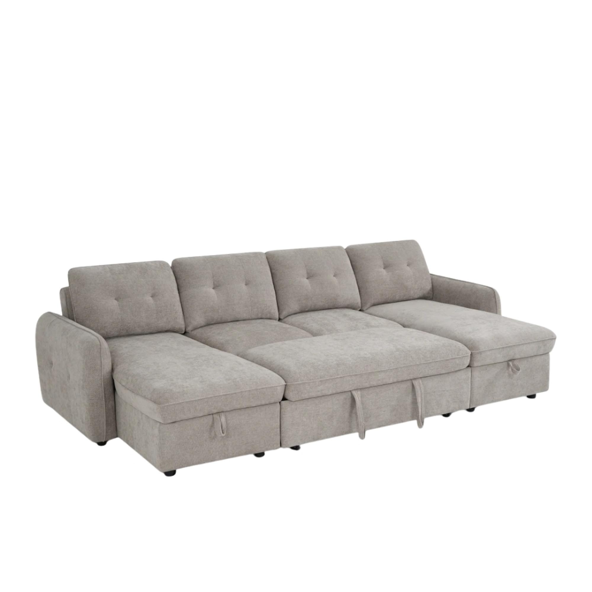 Moscow U Shape Corner Sofa Bed - Beige Fabric - Pull Out