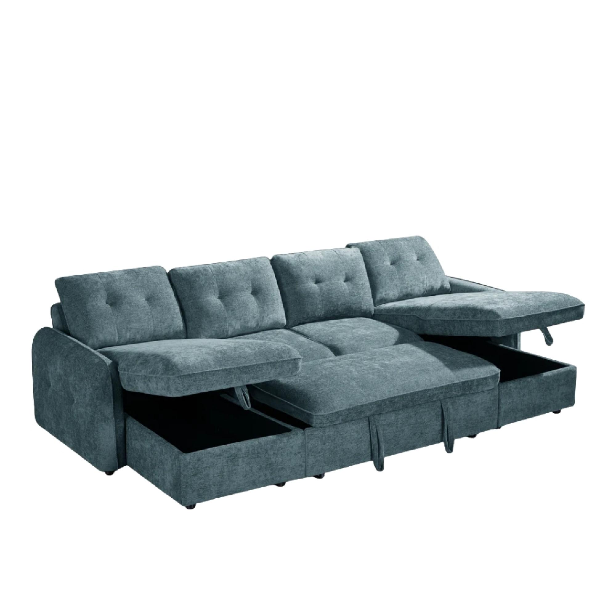 Moscow U Shape Corner Sofa Bed - Blue Fabric - Pull Out