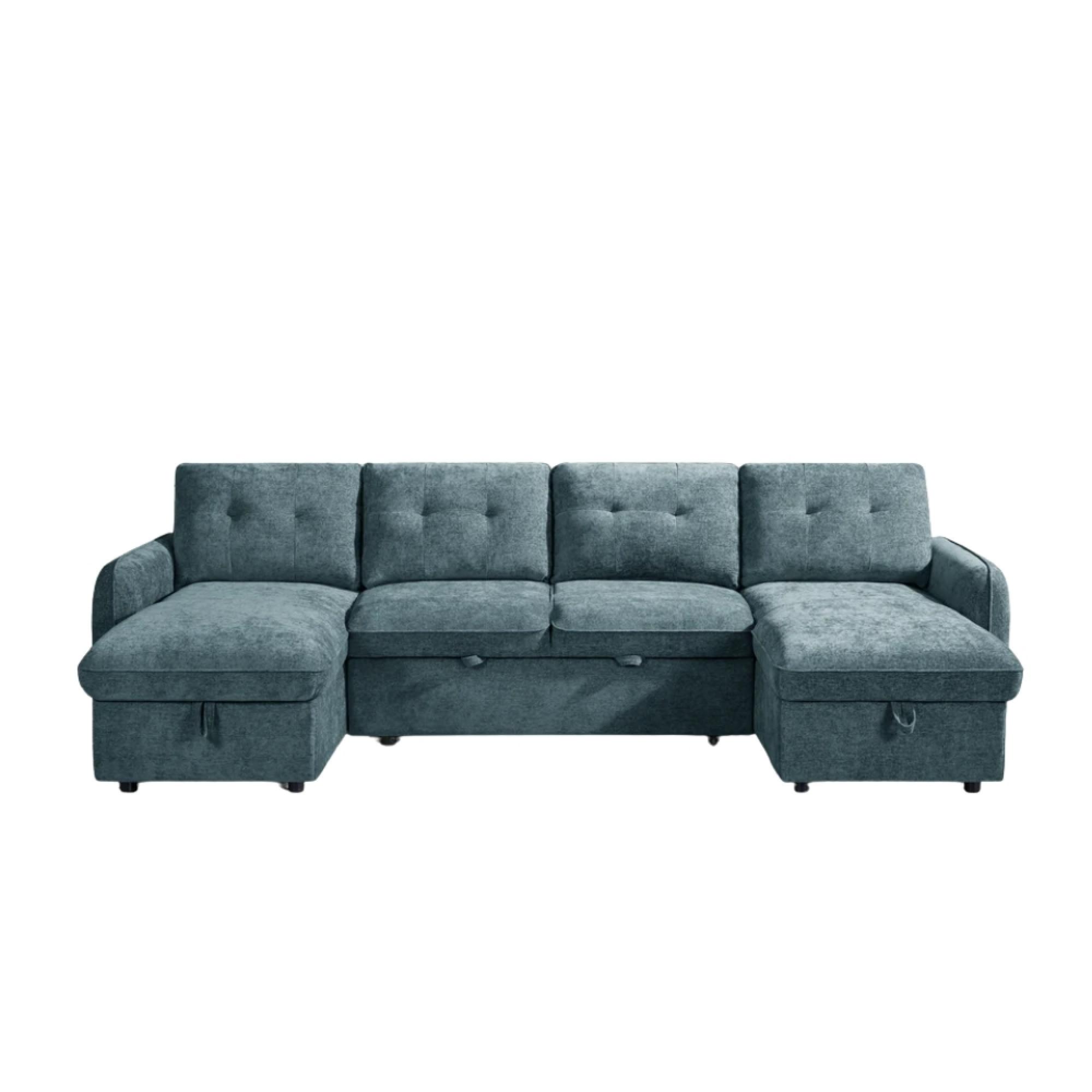 Moscow U Shape Corner Sofa Bed - Blue Fabric - Pull Out