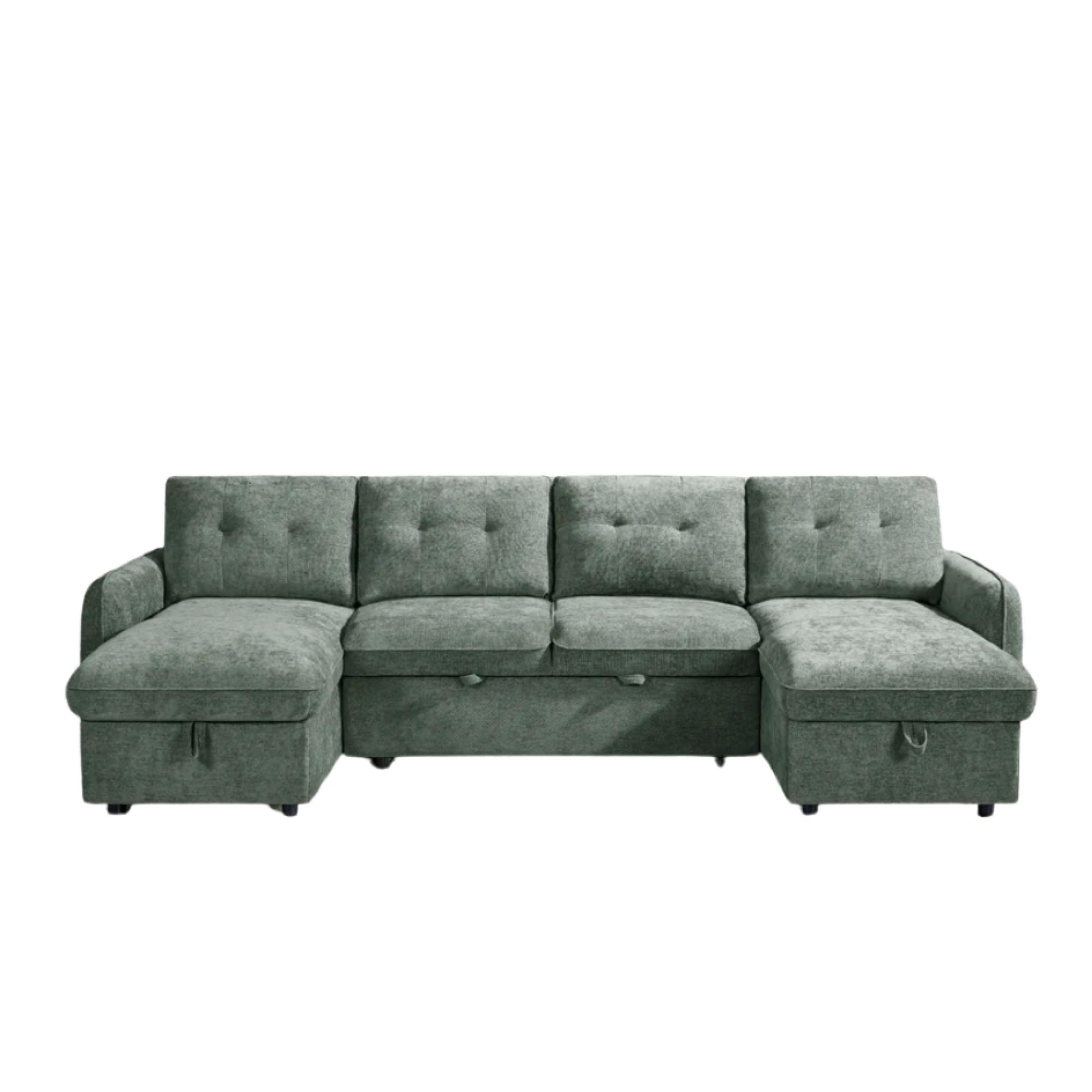Moscow U Shape Corner Sofa Bed - Green Fabric - Pull Out