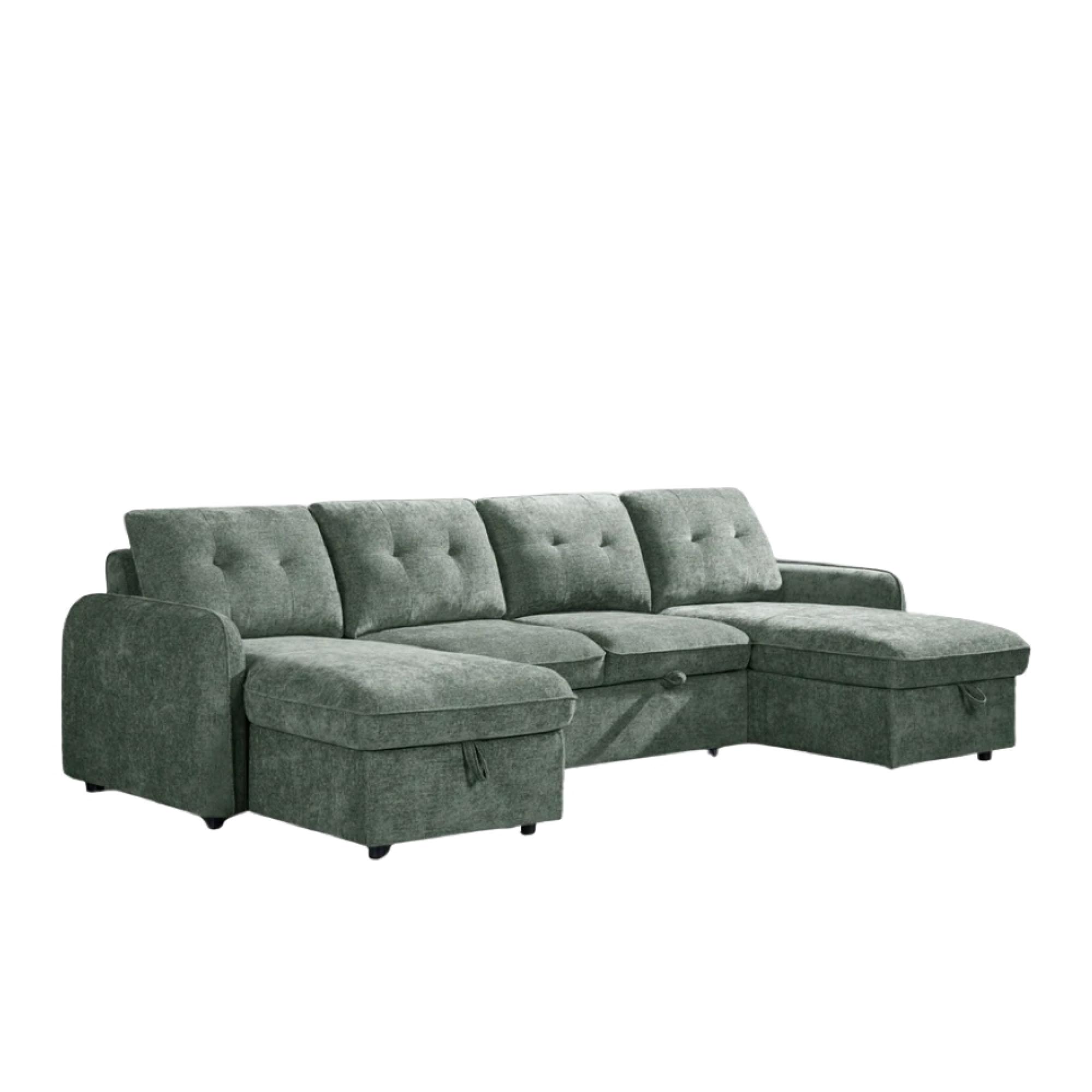 Moscow U Shape Corner Sofa Bed - Green Fabric - Pull Out