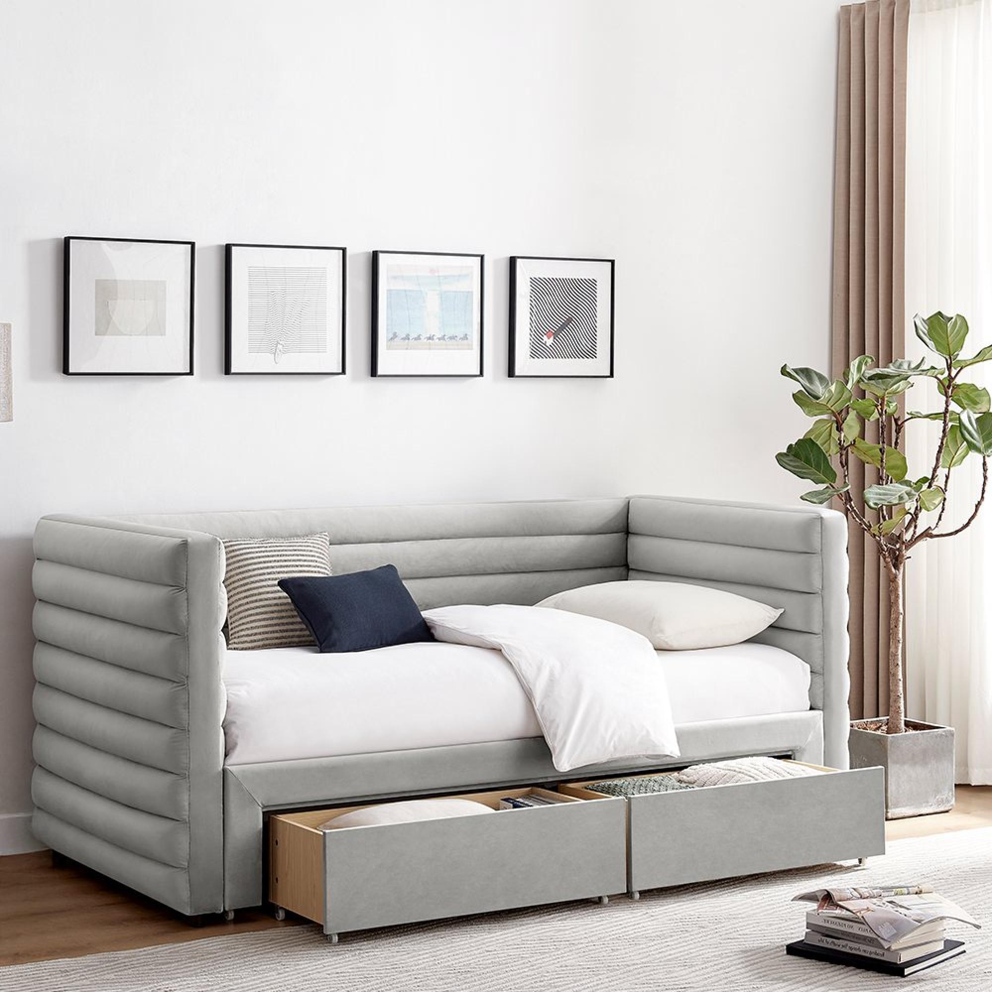 Byrne Daybed - 2 Drawer - Grey Velvet - Fabric