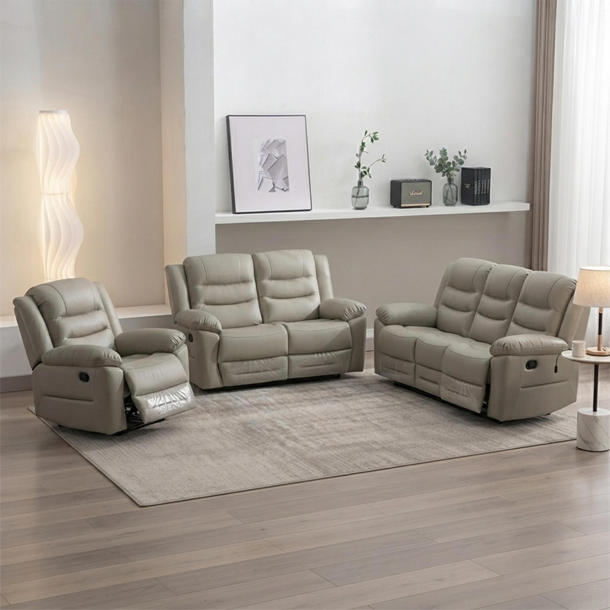 Alexandra Recliner Sofa Set - 3+2+1 Seater - Warm Grey Leather