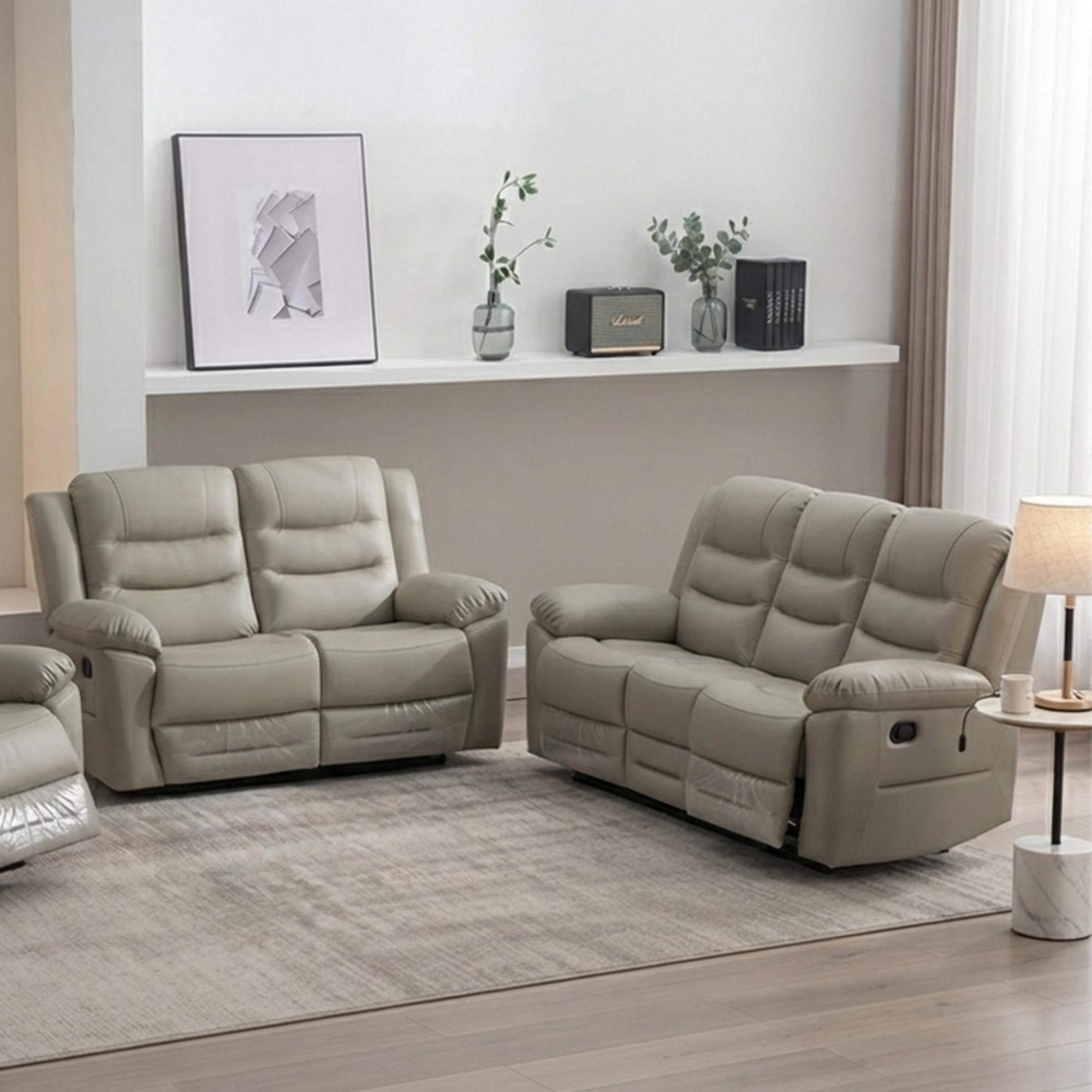 Alexandra Recliner Sofa Set - 3+2 Seater - Warm Grey Leather