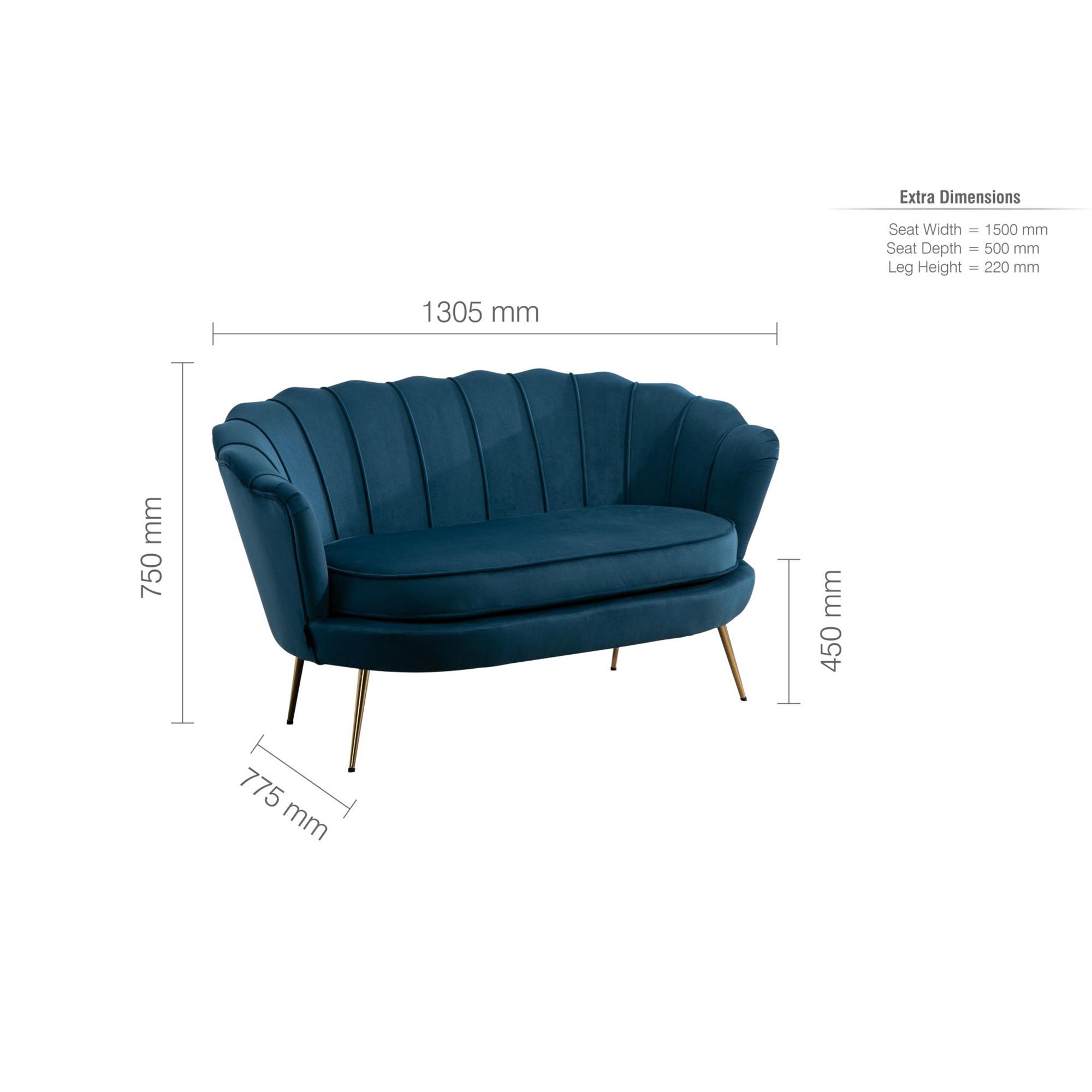 Ariel Sofa with Gold Legs - 2 Seater - Blue Velvet Fabric
