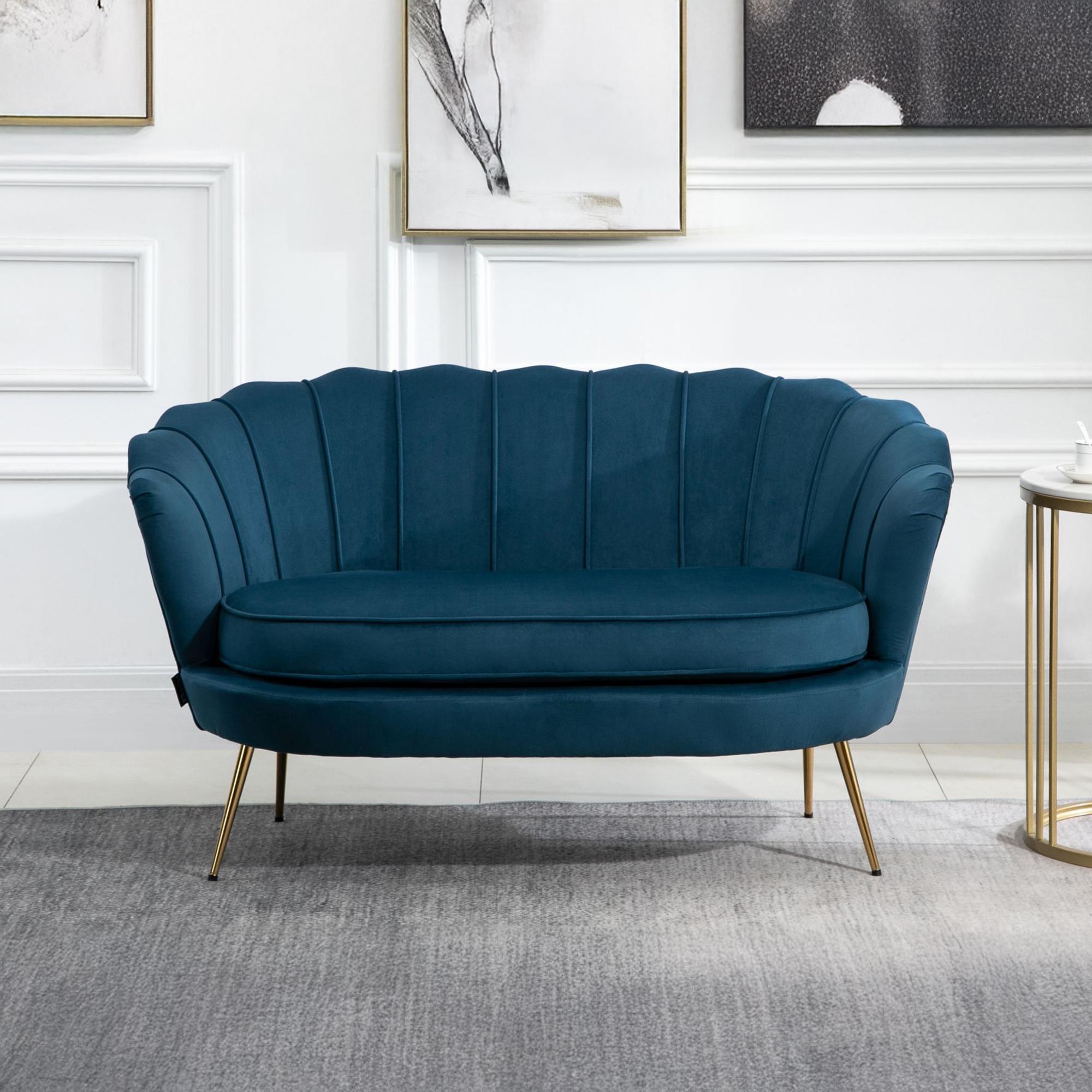 Ariel 2 Seater Sofa - Blue Velvet Fabric - Gold Legs