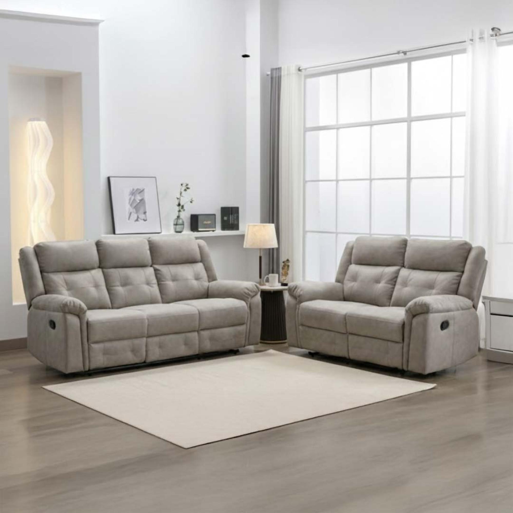 Berkeley Recliner Sofa Suite - 3+2 - Light Grey Leather Look Fabric