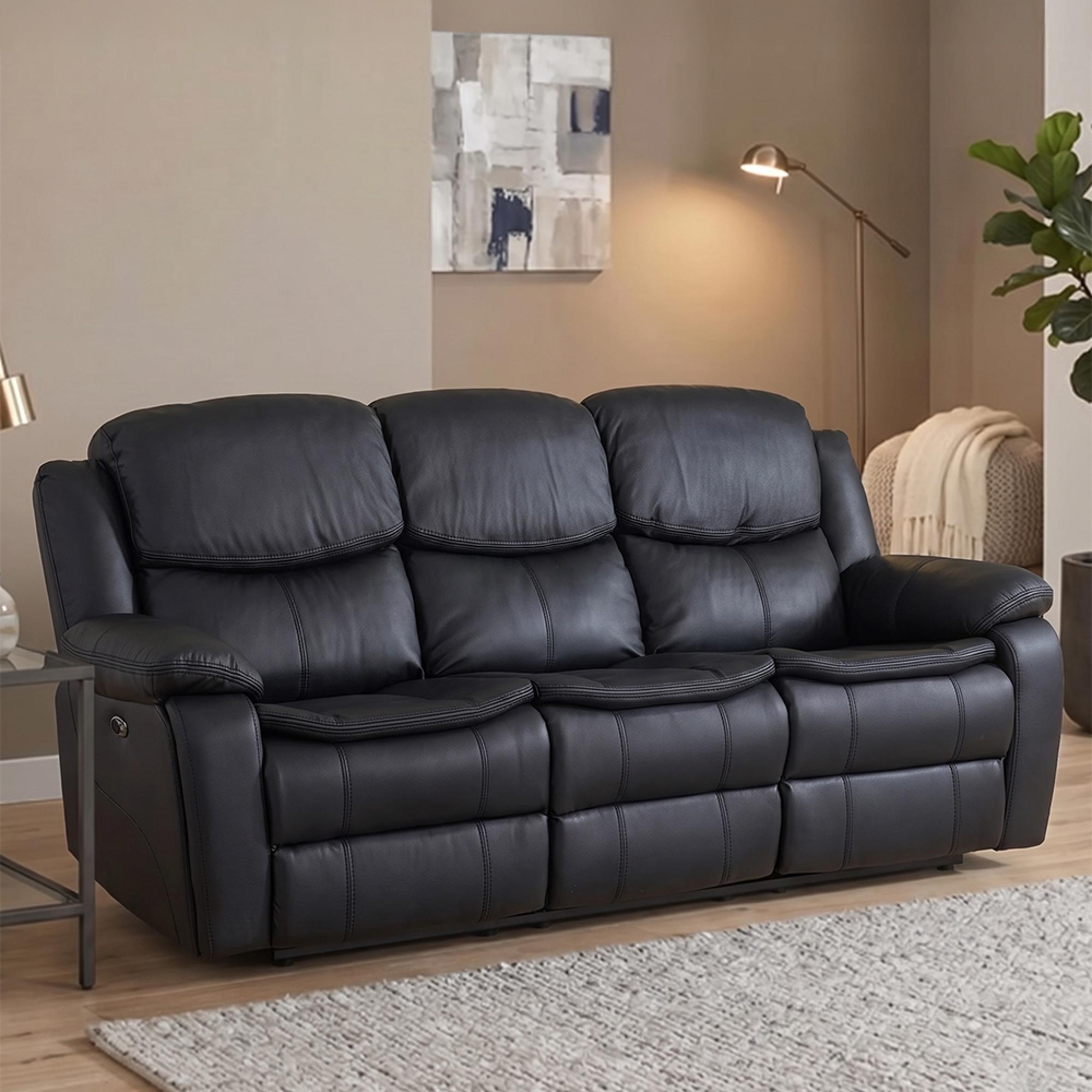 Berlin Recliner Sofa - 3 Seater - Black Leather