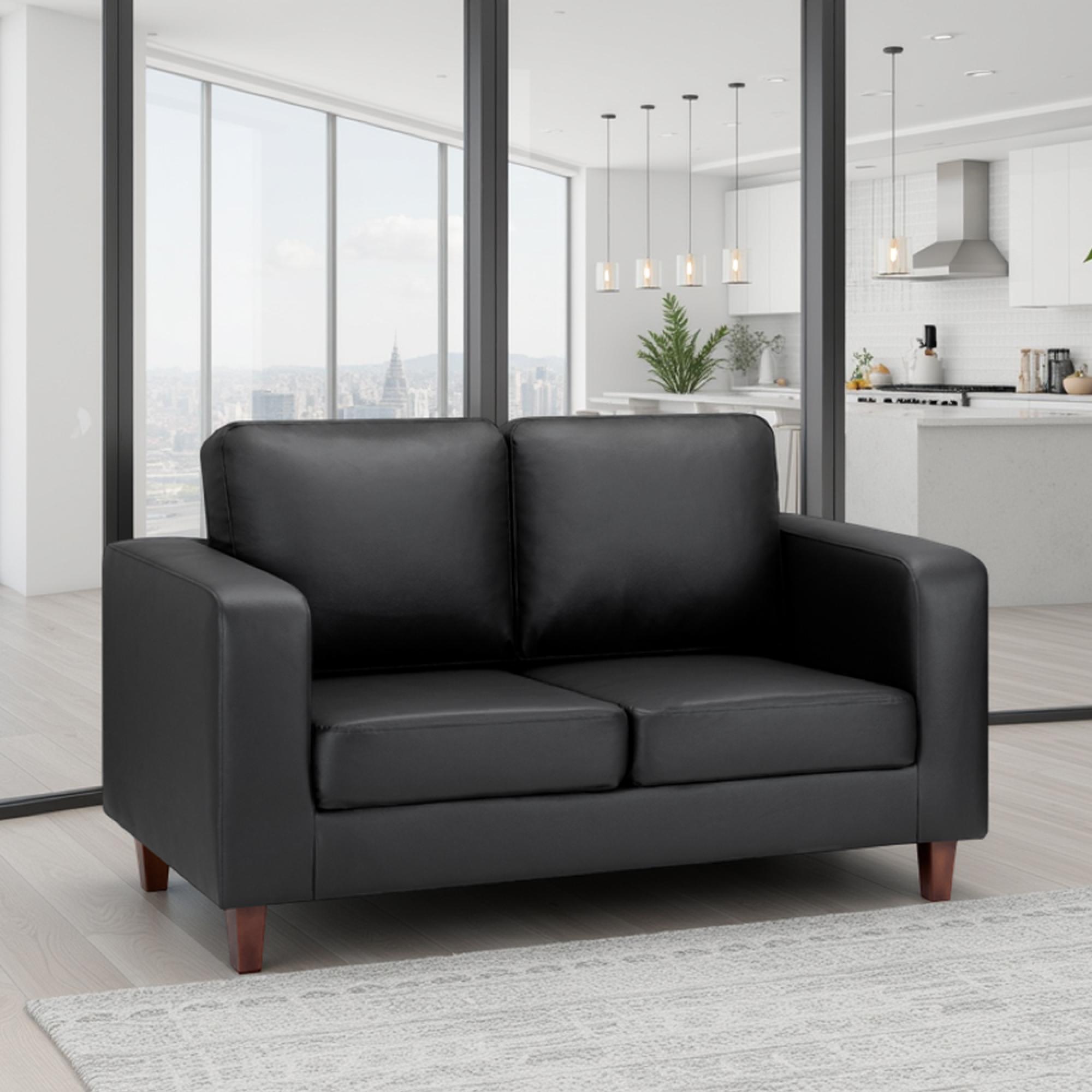 Box Sofa - Black Faux Leather - 2 Seater