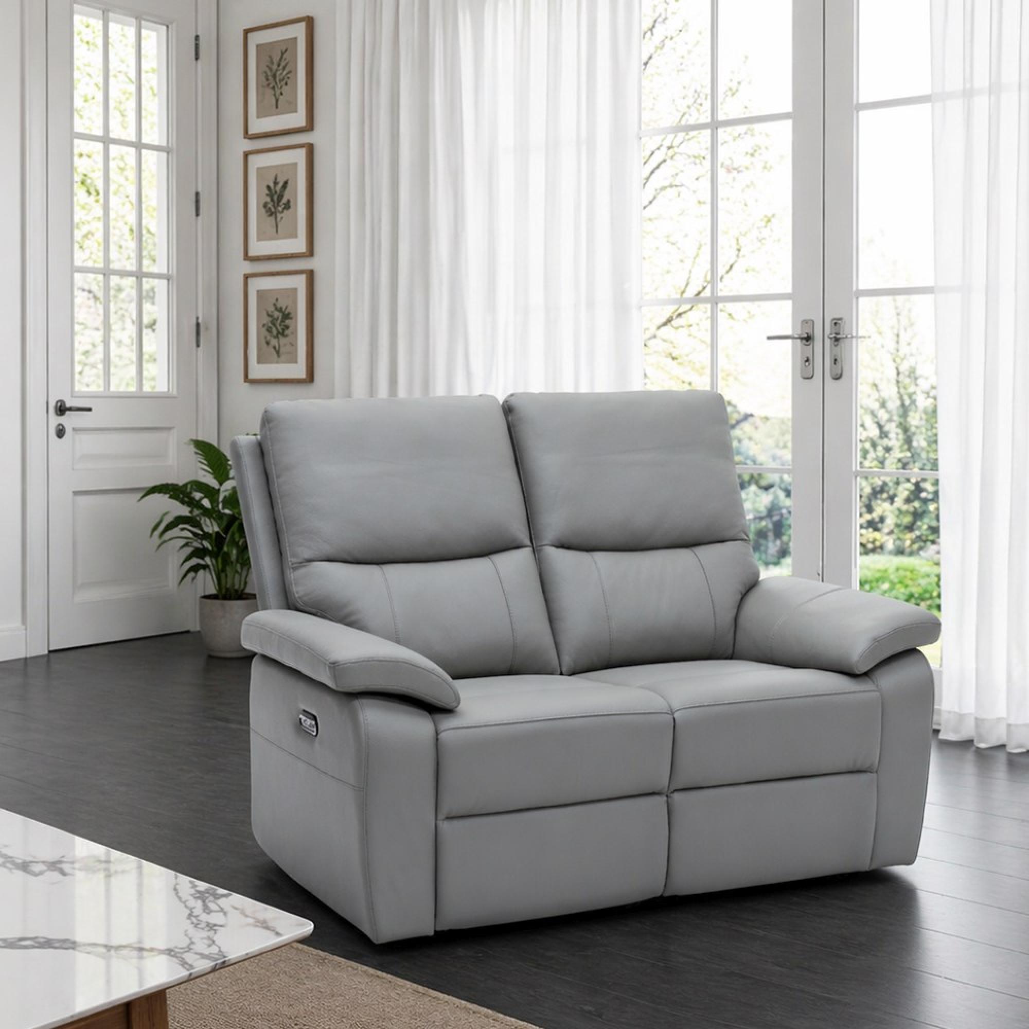 Cannes Sofa - 2 Seater - Electric Recliner - Leather - Grey
