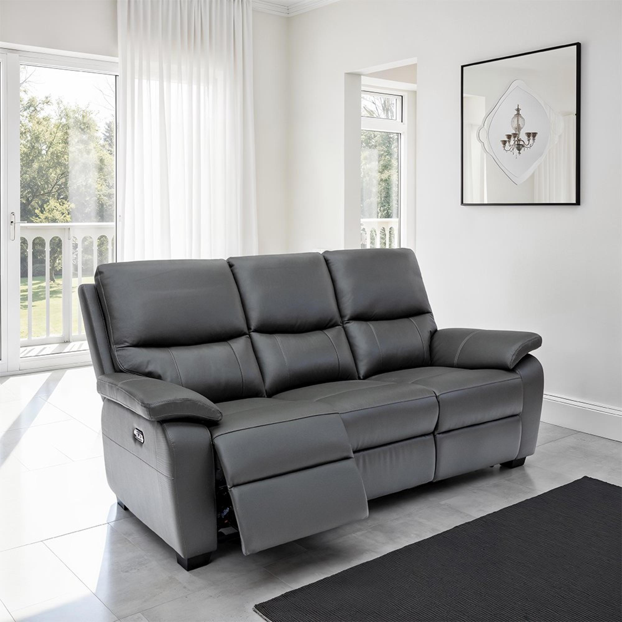 Cannes Sofa - 3 Seater - Electric Recliner - Leather - Charcoal