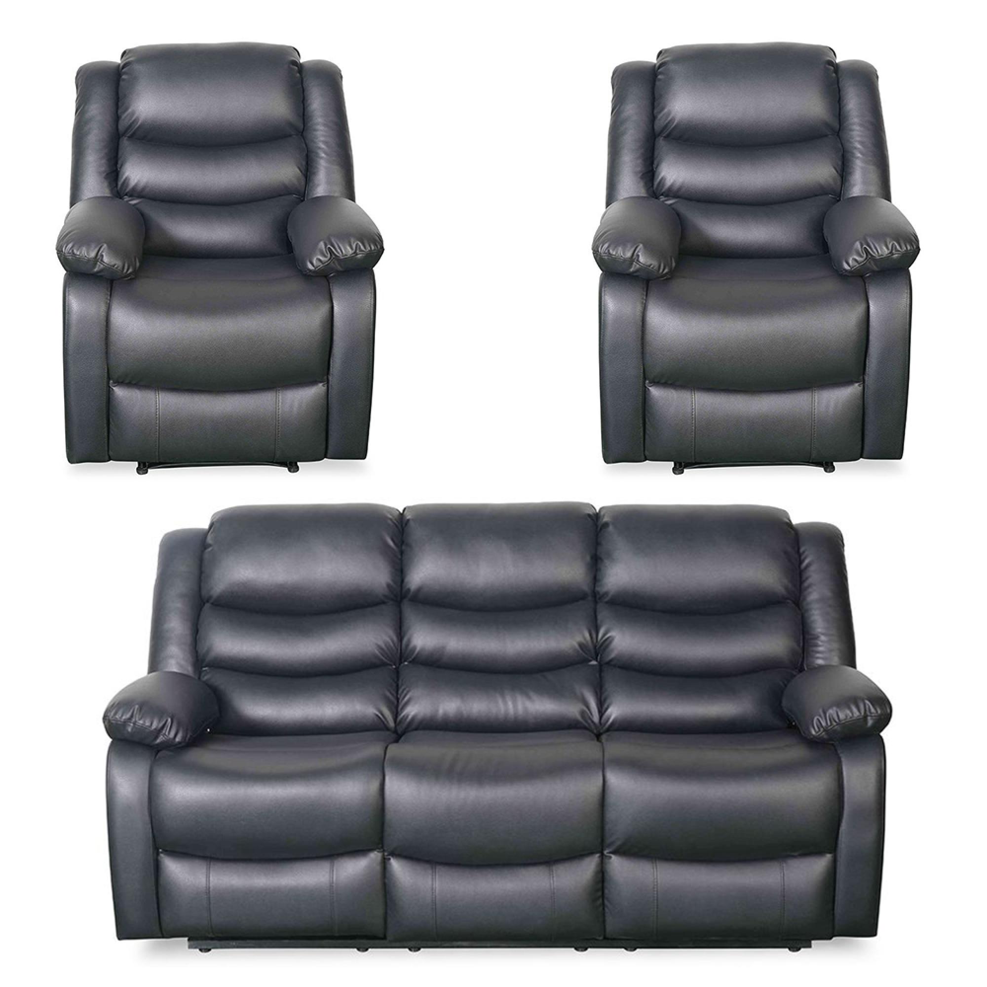 Conrad Manual Recliner Sofa Set - Black Leather - 3+1+1 Seater