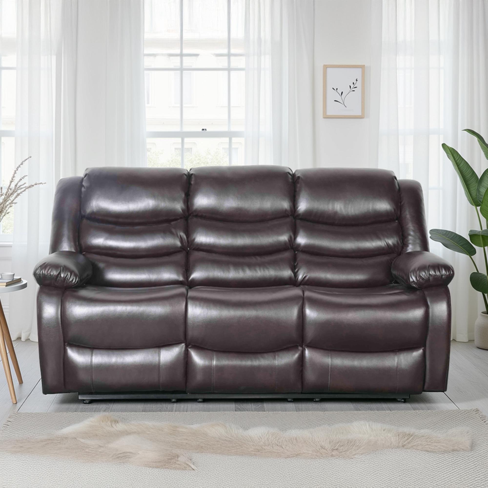 Conrad Manual Recliner Sofa Set - Brown Leather - 3+1+1 Seater