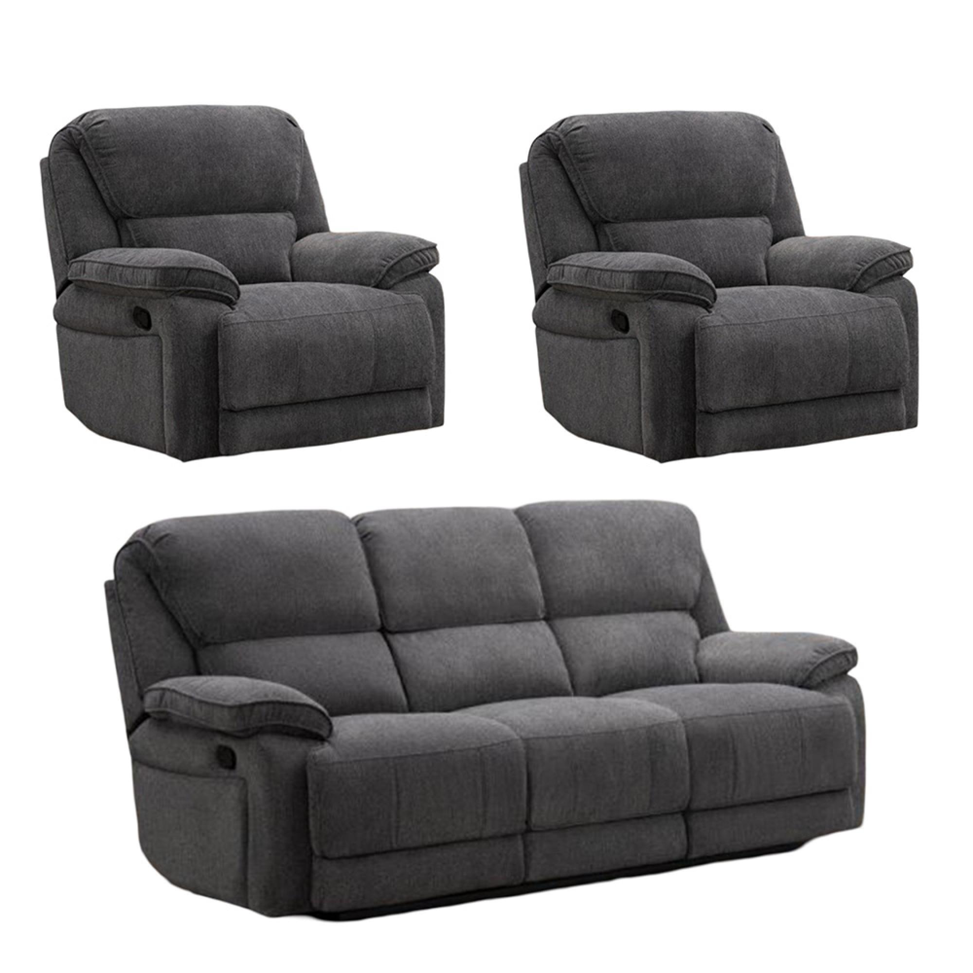 Douglas Recliner Sofa Set - Dark Grey Fabric - 3+1+1 Seater