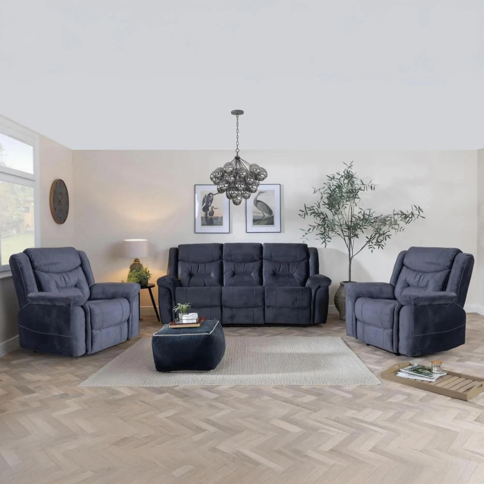 Dudley Silvano Blue Fabric 3+1+1 Recliner Sofa Set