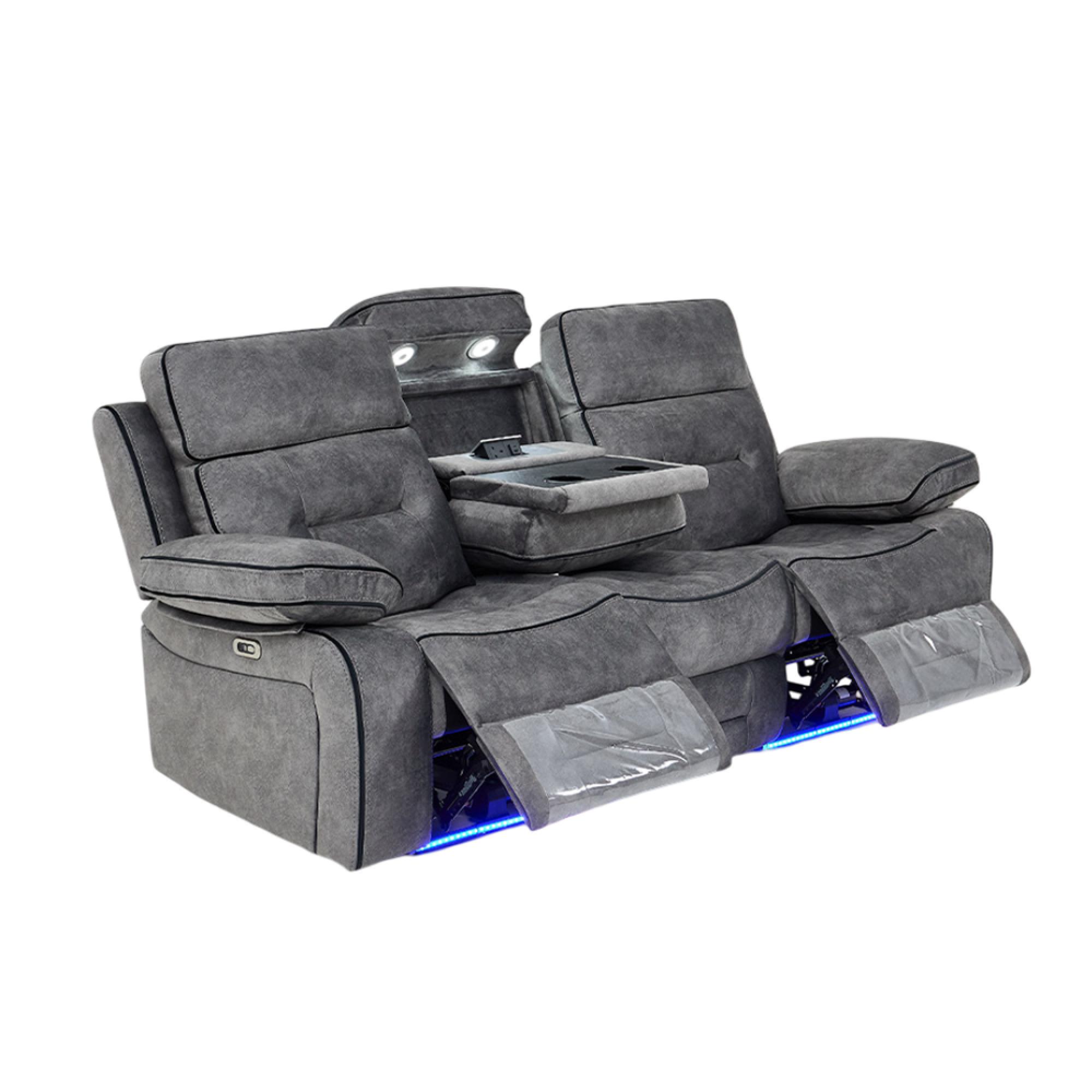 Foster Recliner Sofa Set - 3+2+1 Seater - Grey Fabric - LED Lights - Drop-Down Table & Cup Holders