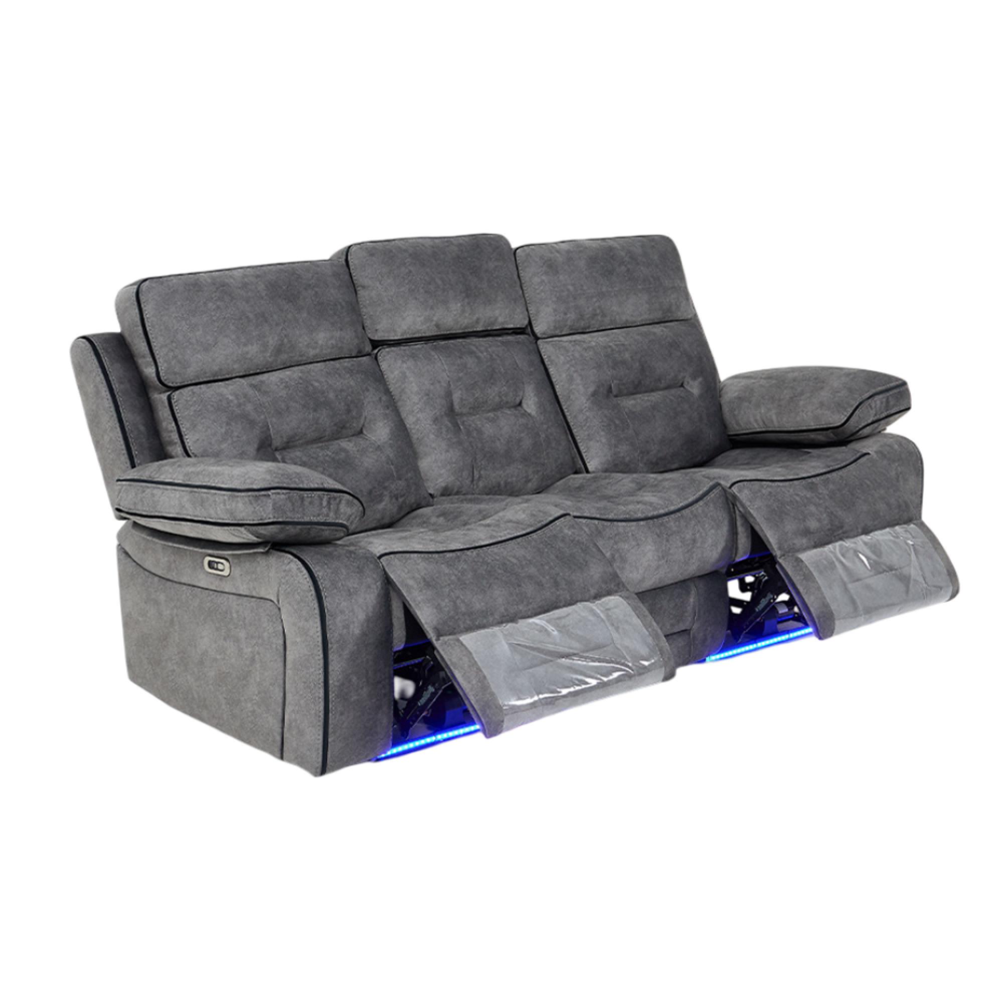 Foster Recliner Sofa Set - 3+2 Seater - Grey Fabric - LED Lights - Drop-Down Table & Cup Holders