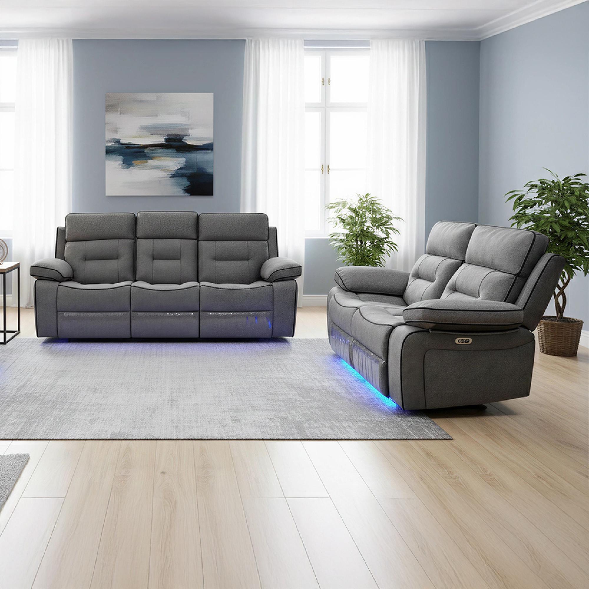 Foster Grey Fabric 3+2 Seater Recliner Sofa Set with LED Lights, Drop-Down Table & Cup Holders