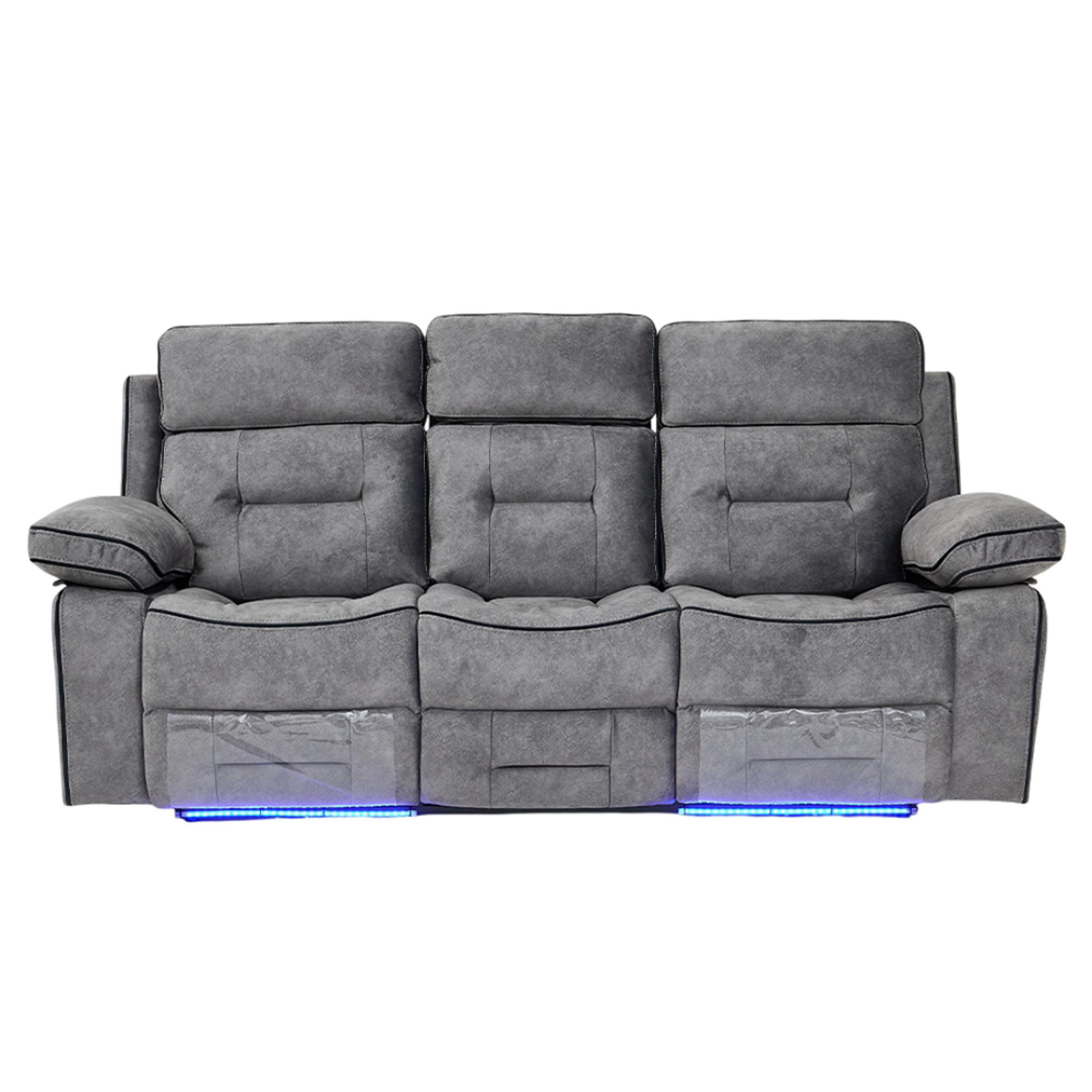 Foster Recliner Sofa - 3 Seater - Grey Fabric - LED Lights - Drop-Down Table & Cup Holders