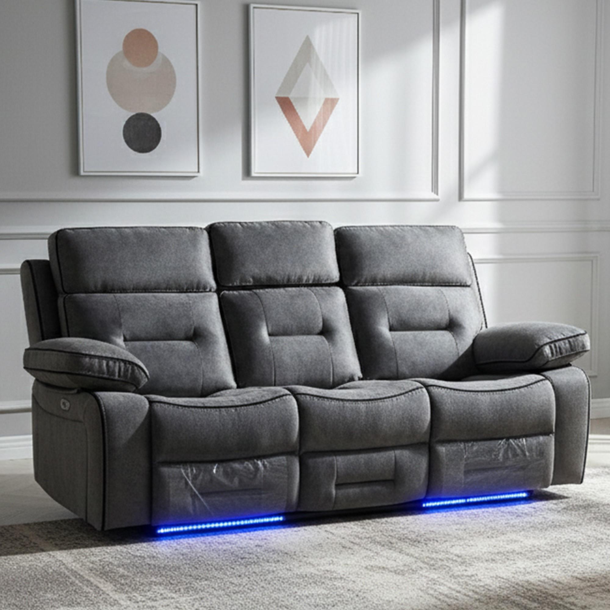 Foster Grey Fabric 3 Seater Recliner Sofa with LED Lights, Drop-Down Table & Cup Holders