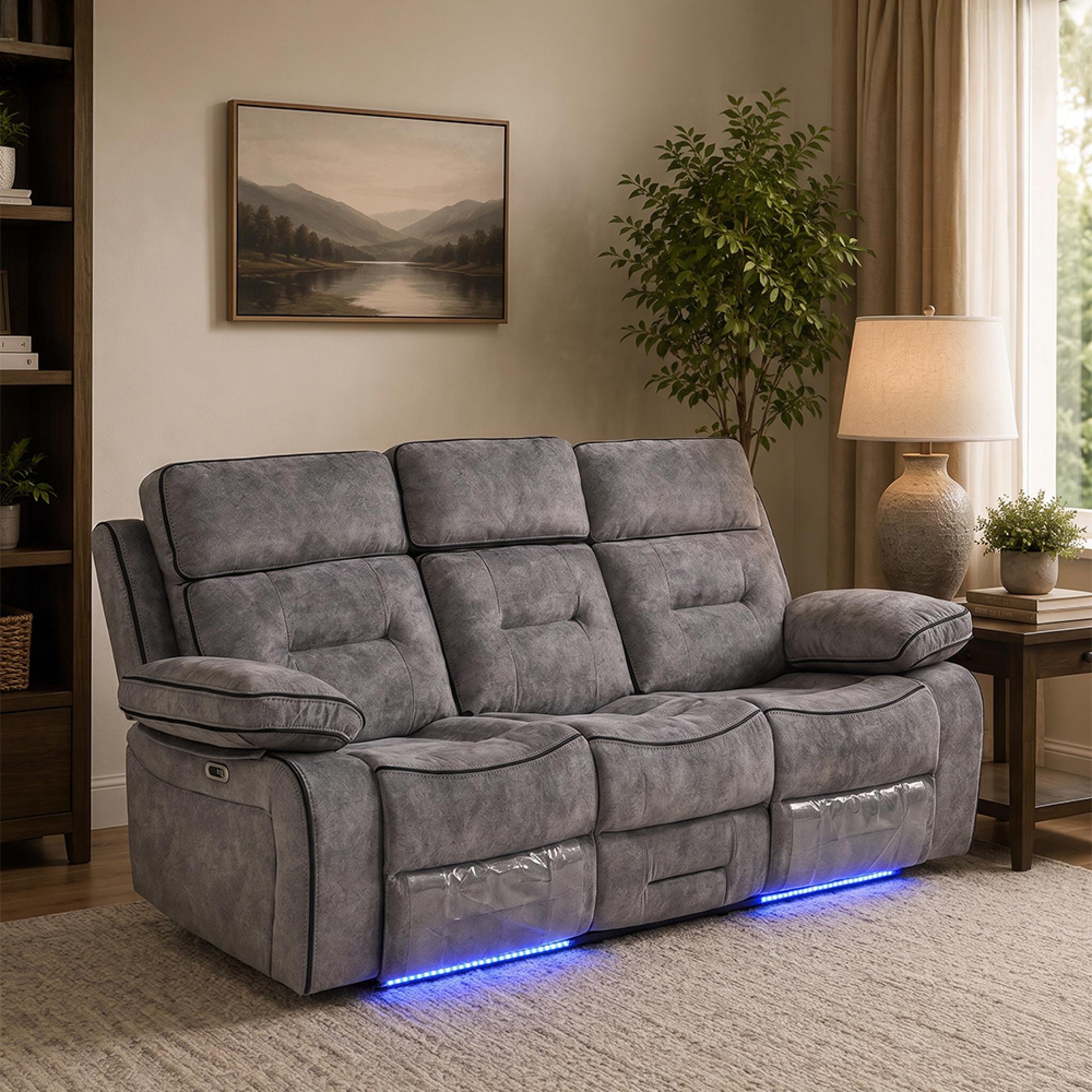 Foster Recliner Sofa - 3 Seater - Grey Fabric - LED Lights - Drop-Down Table & Cup Holders