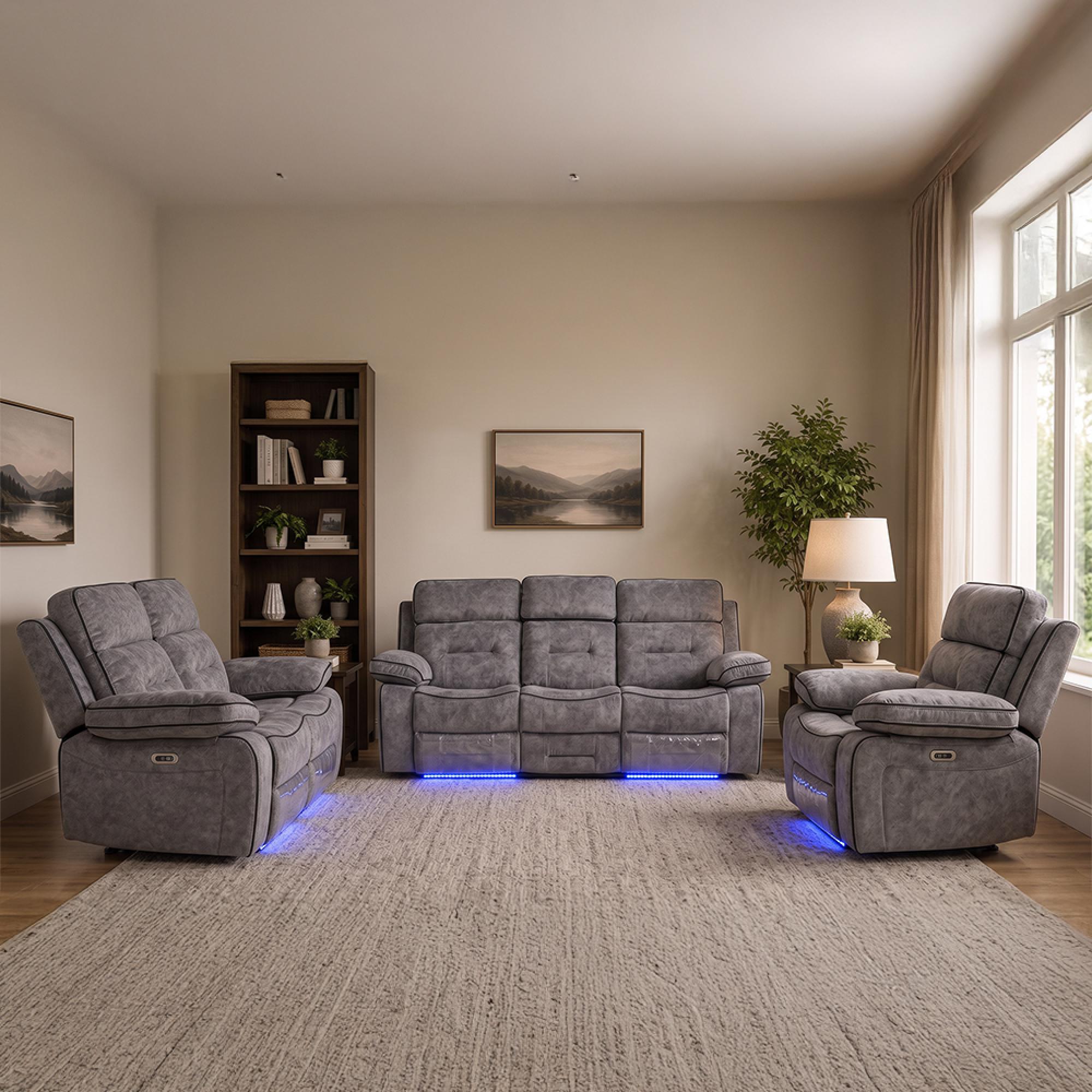 Foster Recliner Sofa Set - 3+2+1 Seater - Grey Fabric - LED Lights - Drop-Down Table & Cup Holders