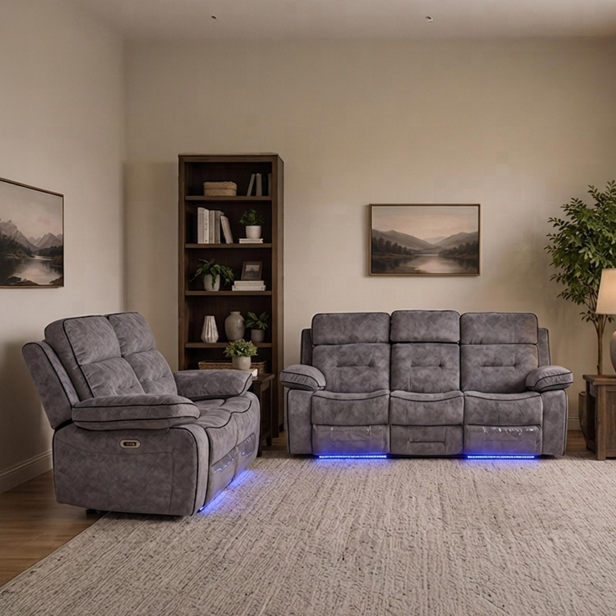 Foster Recliner Sofa Set - 3+2 Seater - Grey Fabric - LED Lights - Drop-Down Table & Cup Holders