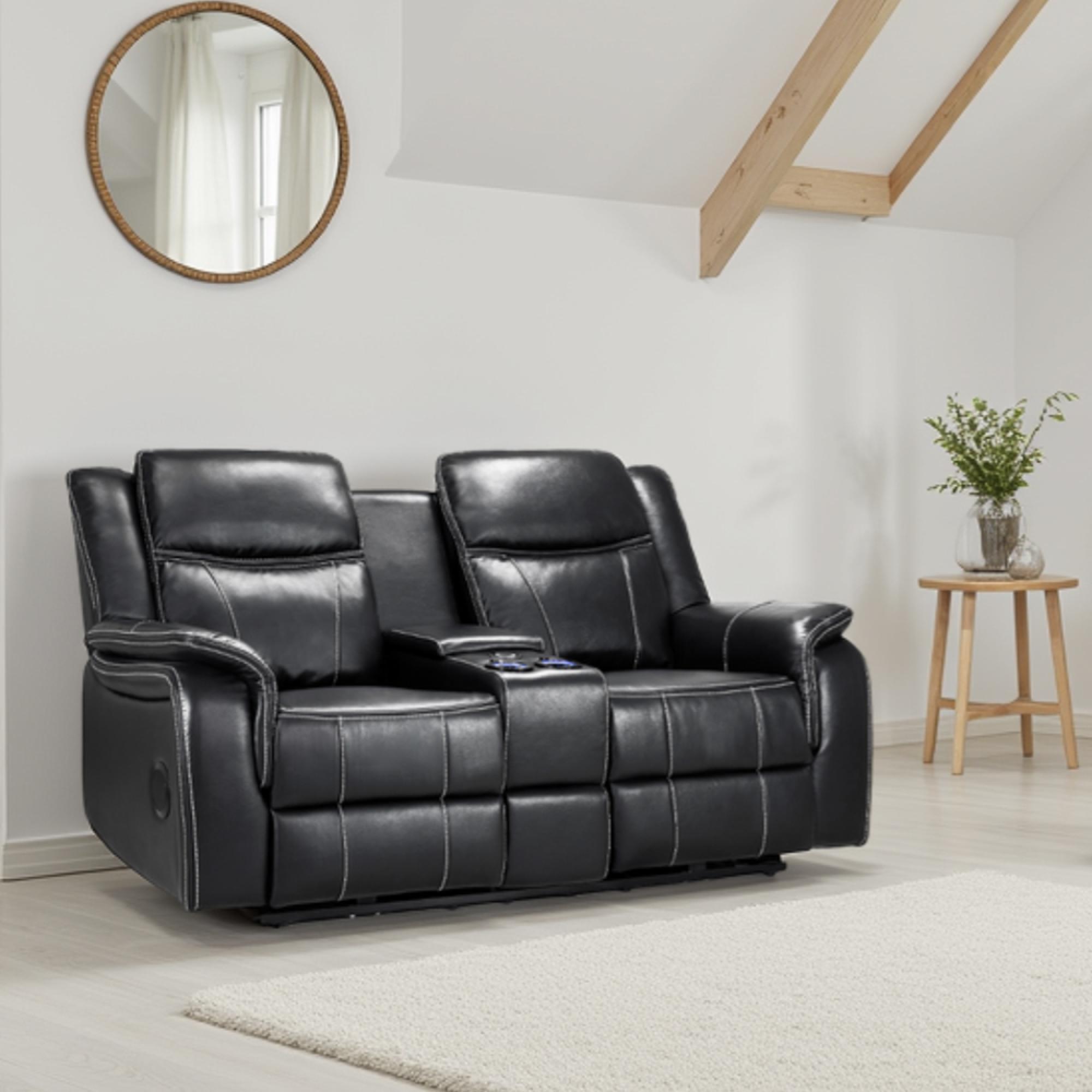 Galaxy Electric Recliner Sofa - Black Faux Leather - 2 Seater - Console