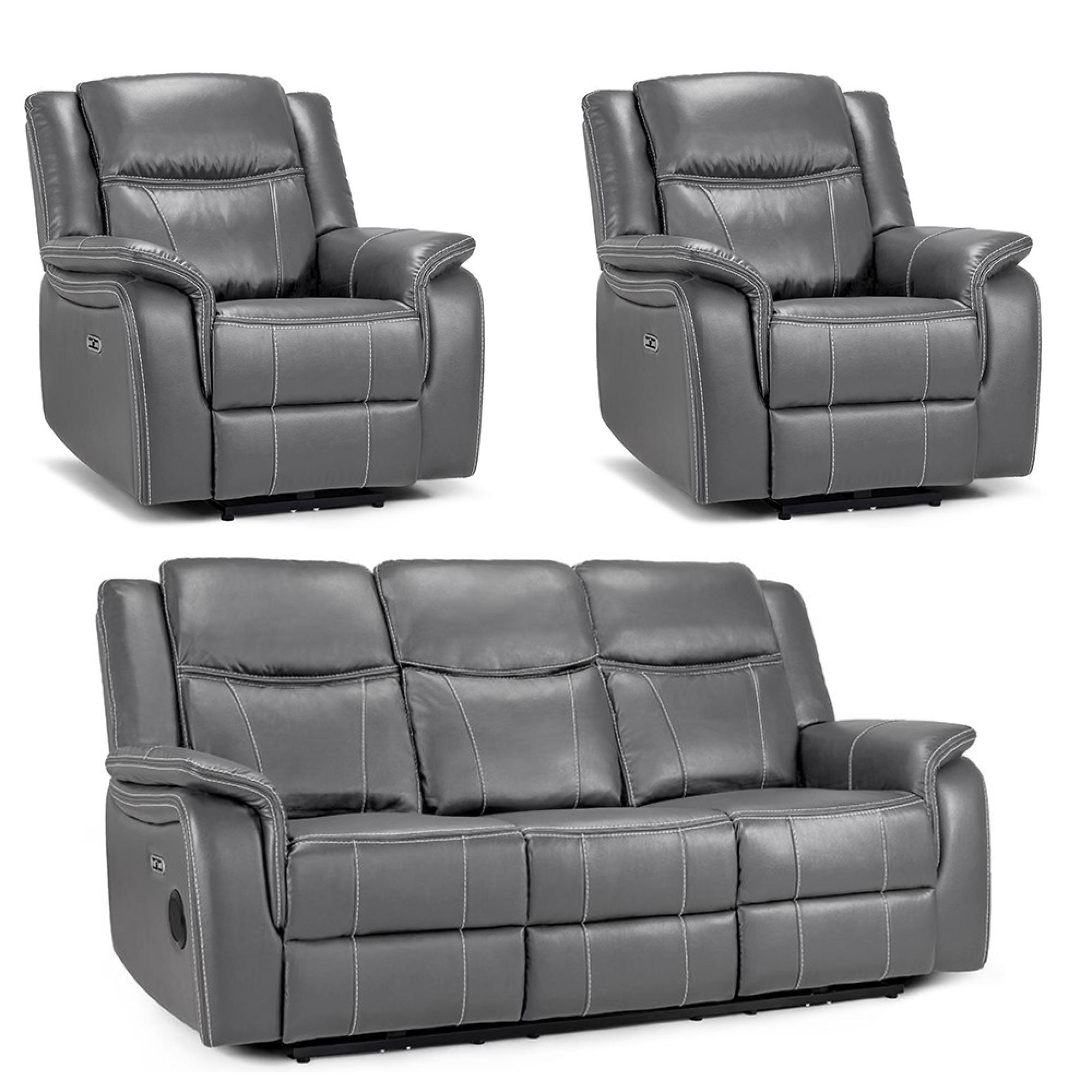 Galaxy Electric Recliner Sofa Set - Grey Faux Leather - 3+1+1 Seater