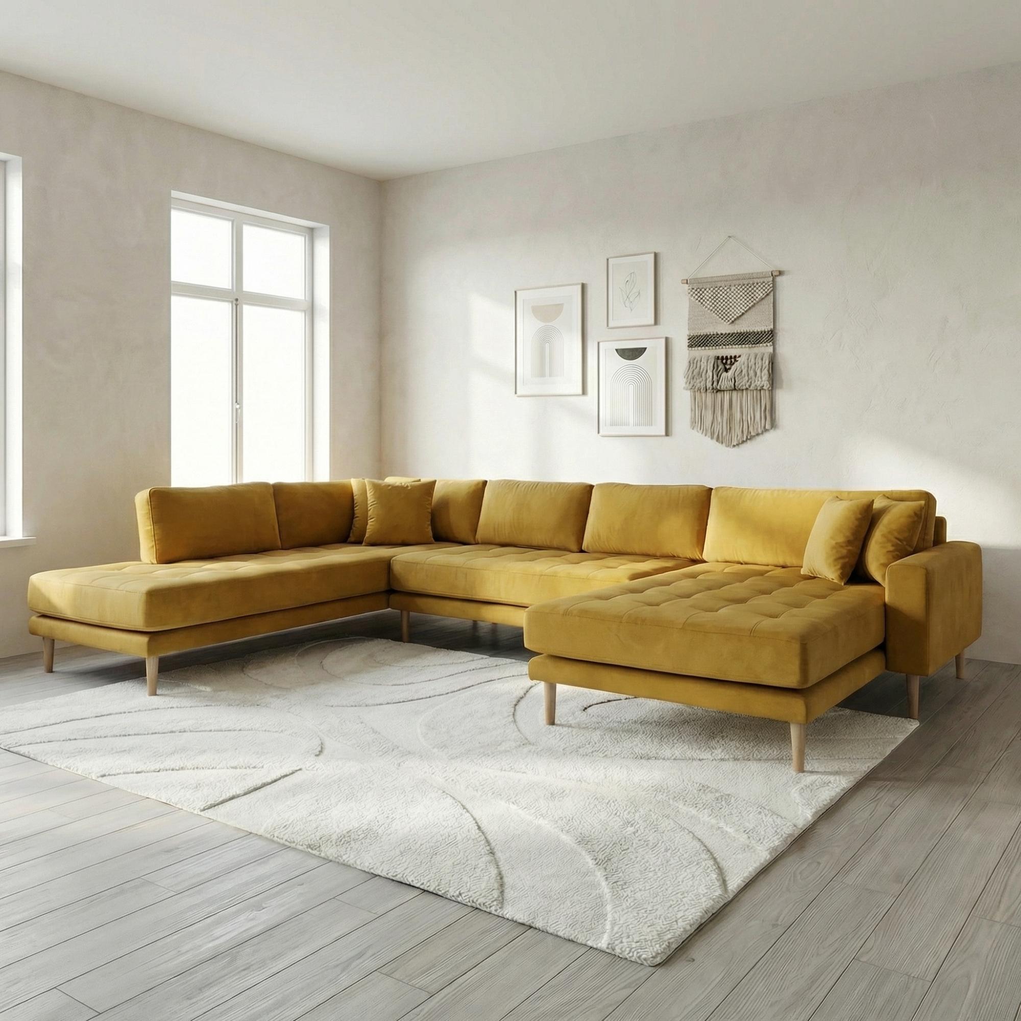 Lido U-Sofa - Open End - Mustard Yellow - Velvet Fabric - Natural Legs - RHF