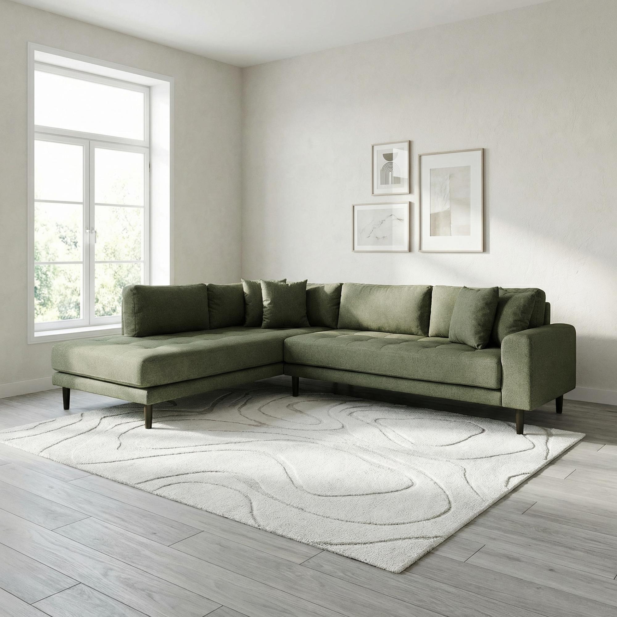 Lido Corner Sofa - Open End - Olive Green - Fabric - Black Legs - LHF