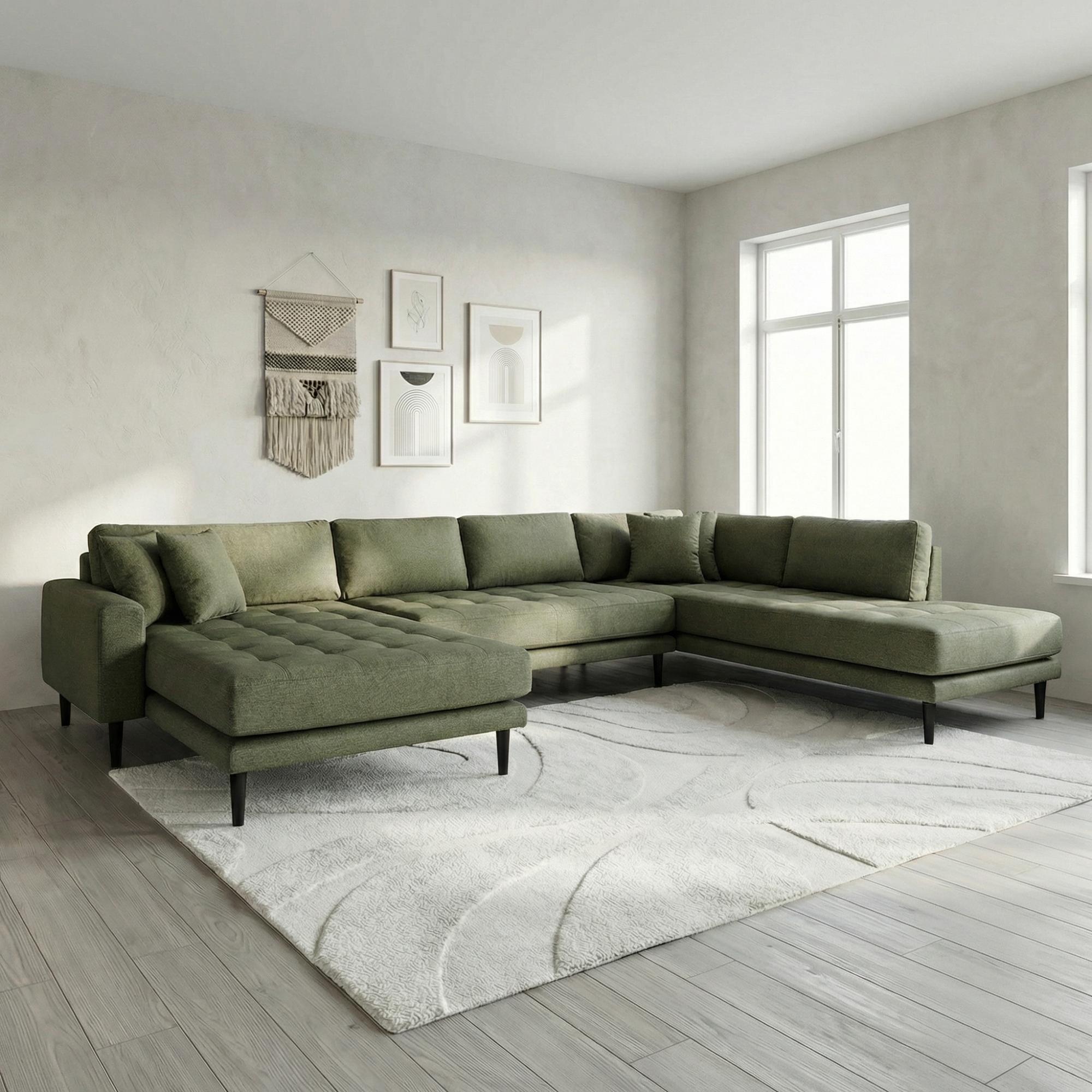 Lido U-Sofa - Open End - Olive Green - Fabric - Black Legs - LHF