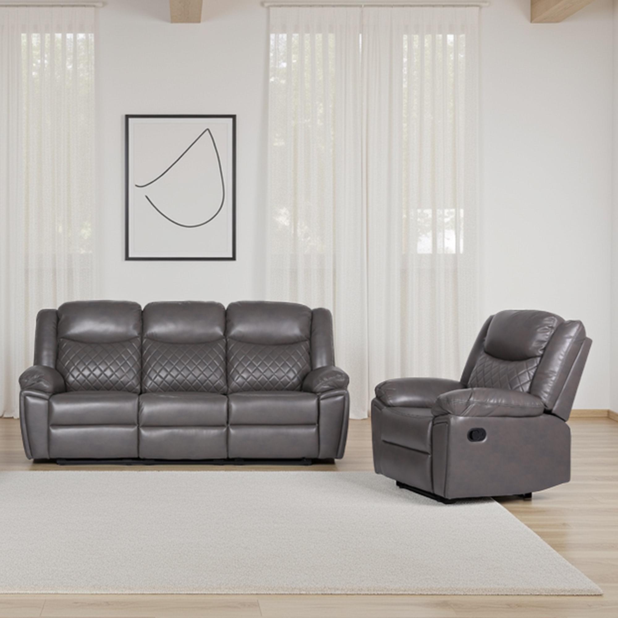 Myra Manual Recliner Sofa Set - Grey Faux Leather - 3+1+1 Seater