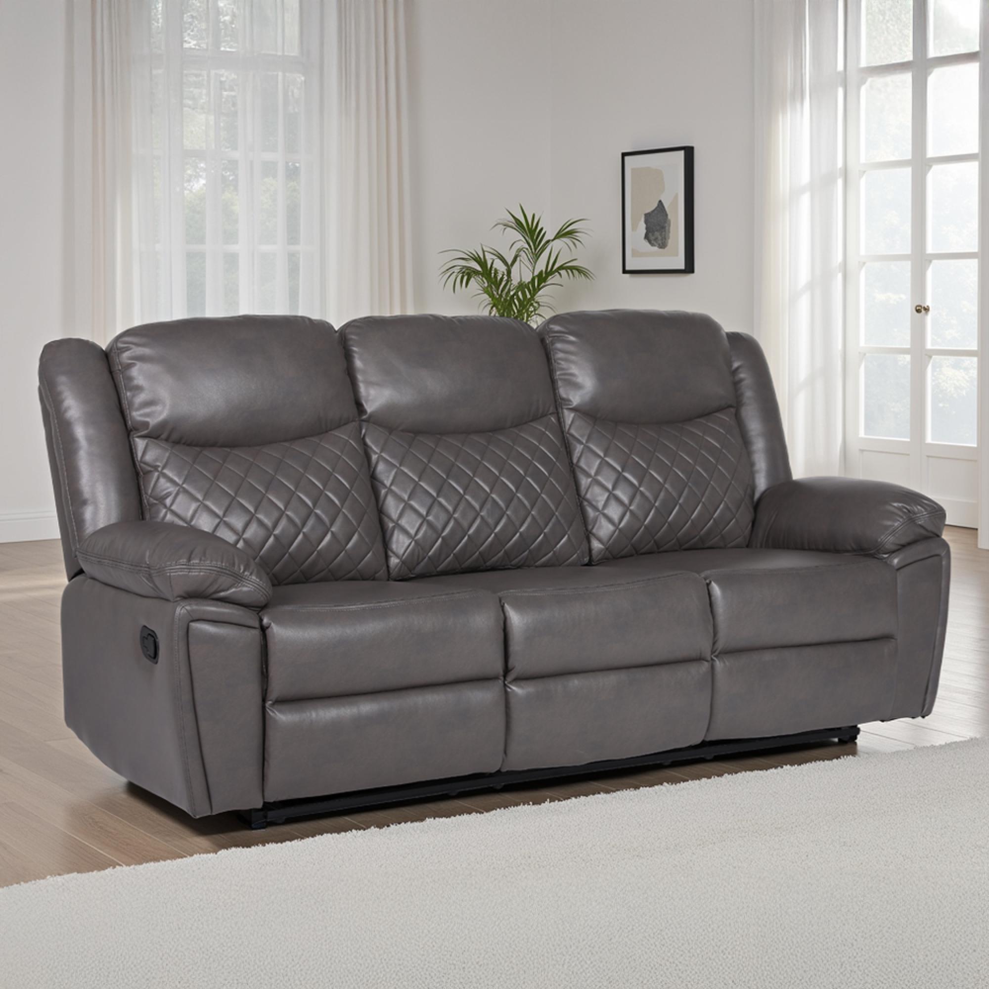 Myra Manual Recliner Sofa - Grey Faux Leather - 3 Seater