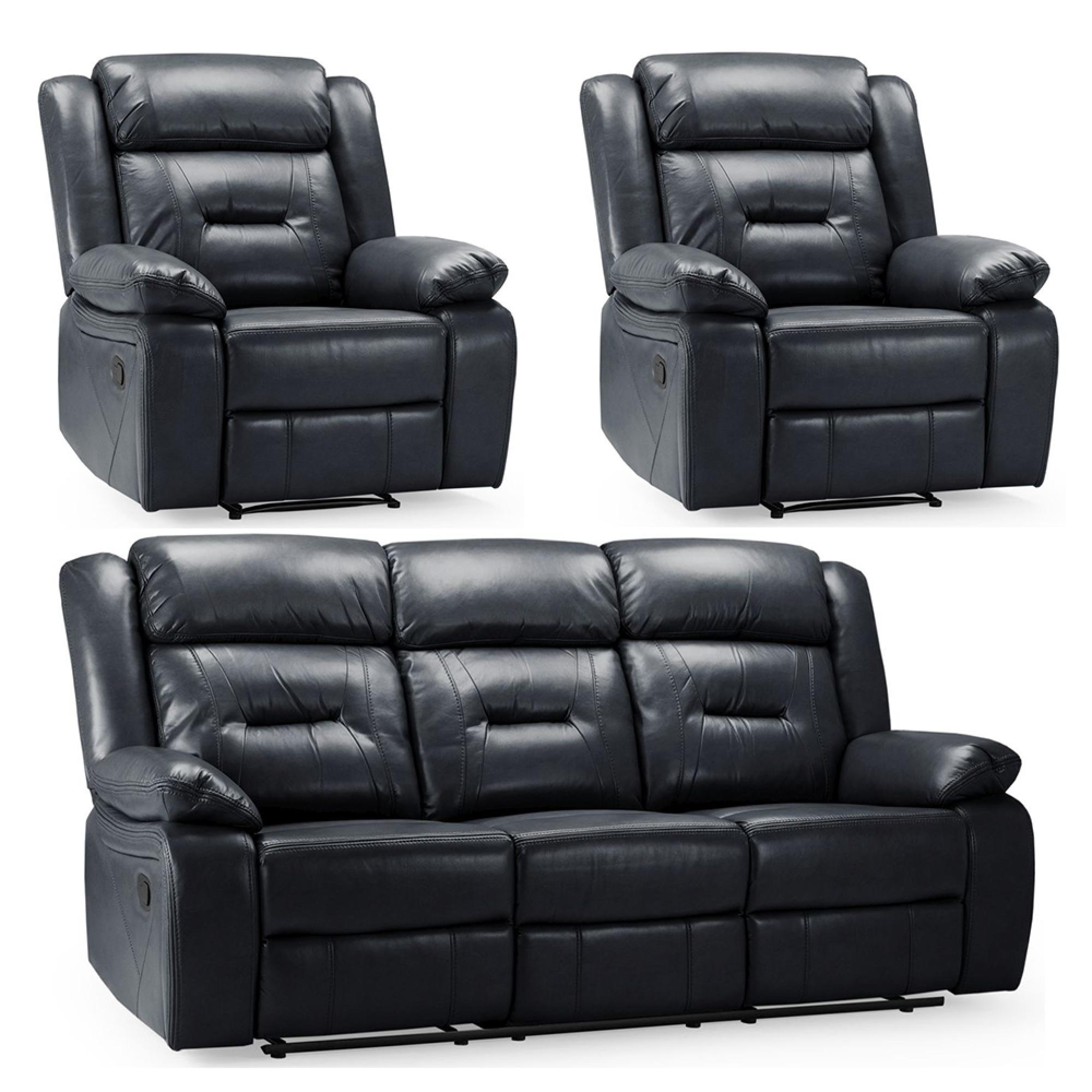 Novie Manual Recliner Sofa Set - Black Faux Leather - 3+1+1 Seater