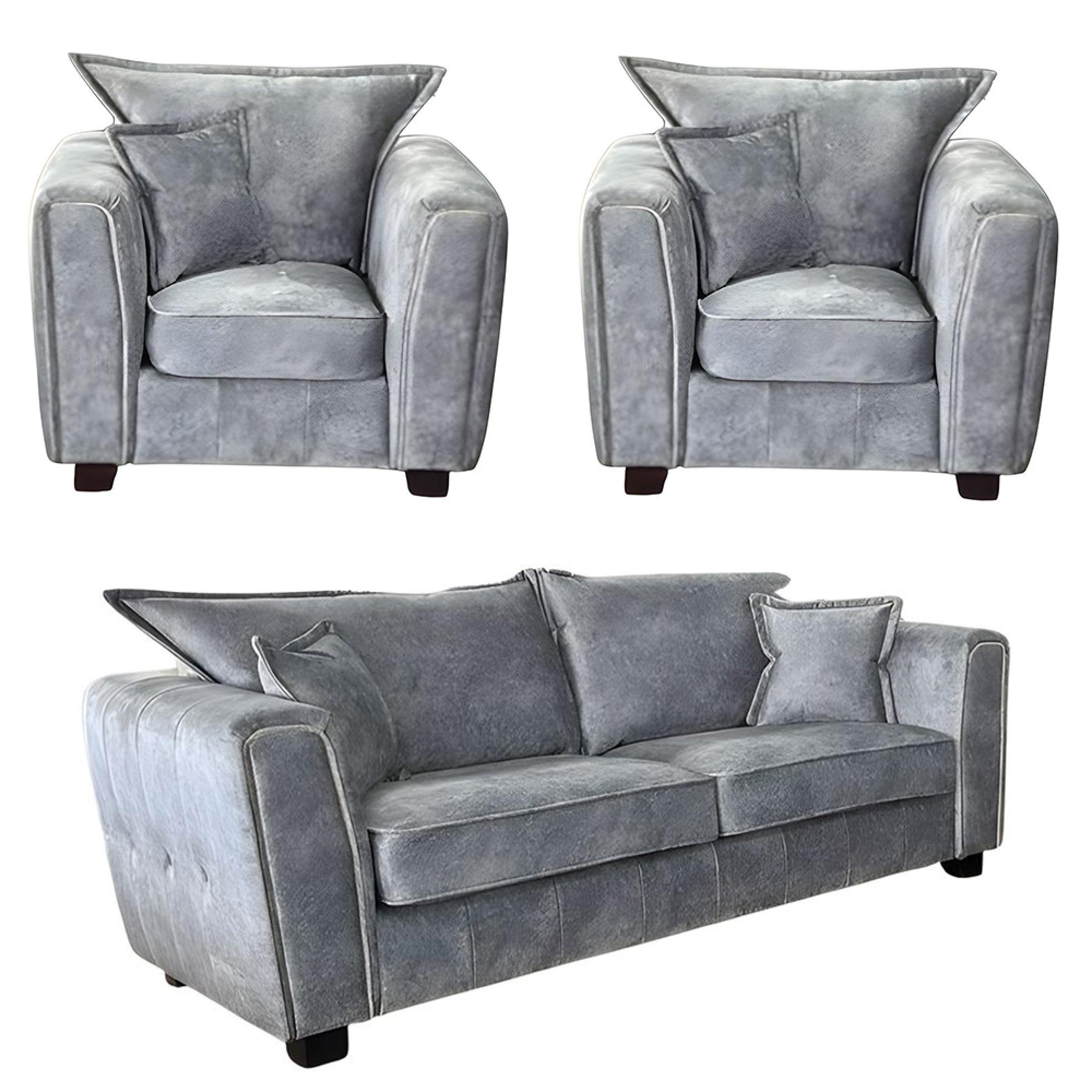 Serena Sofa Set - Silver Grey Fabric - 3+1+1 Seater