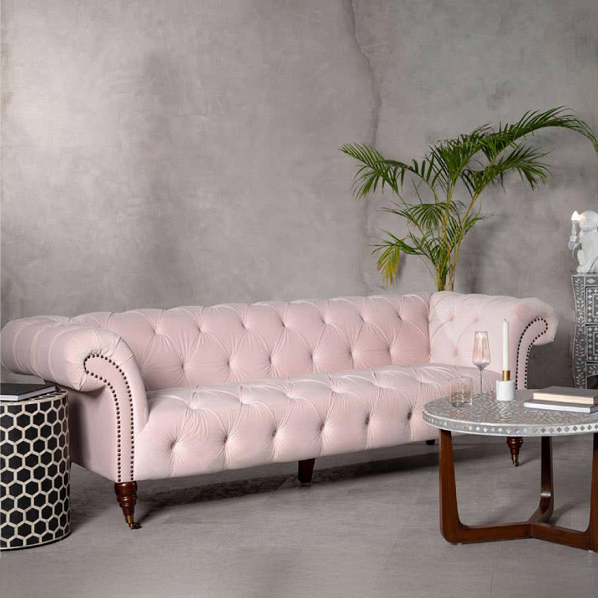 Suri Sofa - 3 Seater - Chesterfield - Pink Velvet Fabric - Studded