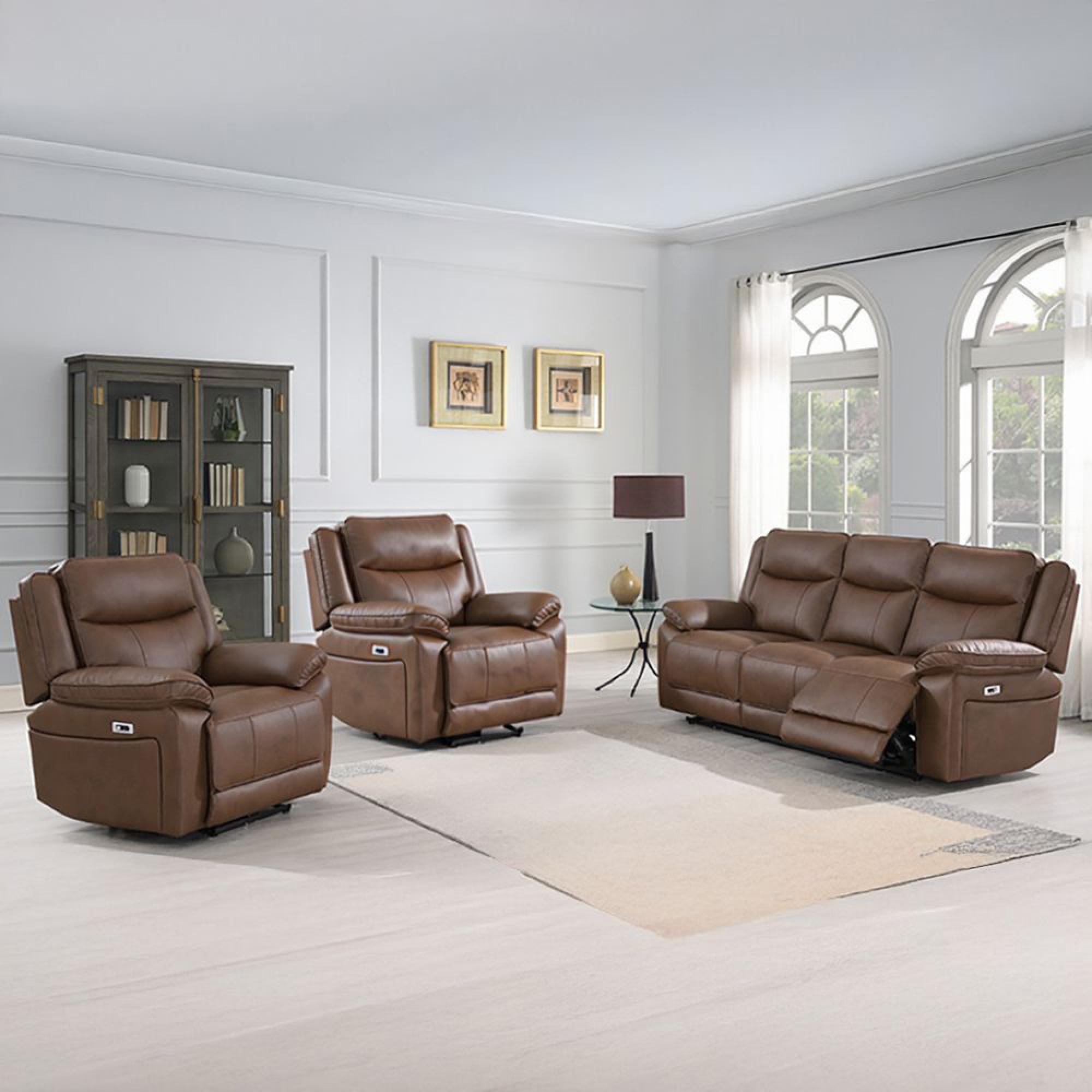 Torino Manual Recliner Sofa Set - Chestnut Faux Leather - 3+1+1 Seater