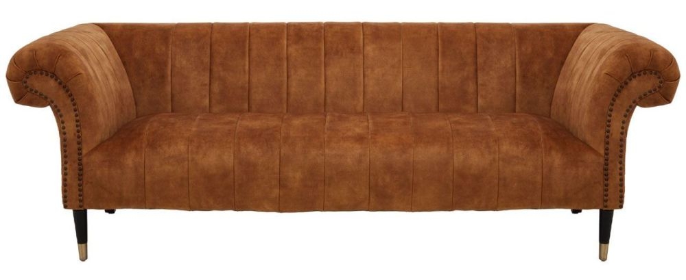 Briar Brown 3 Seater Sofa, Velvet Fabric Upholstered with Black Wooden Gold Cone Trim Legs