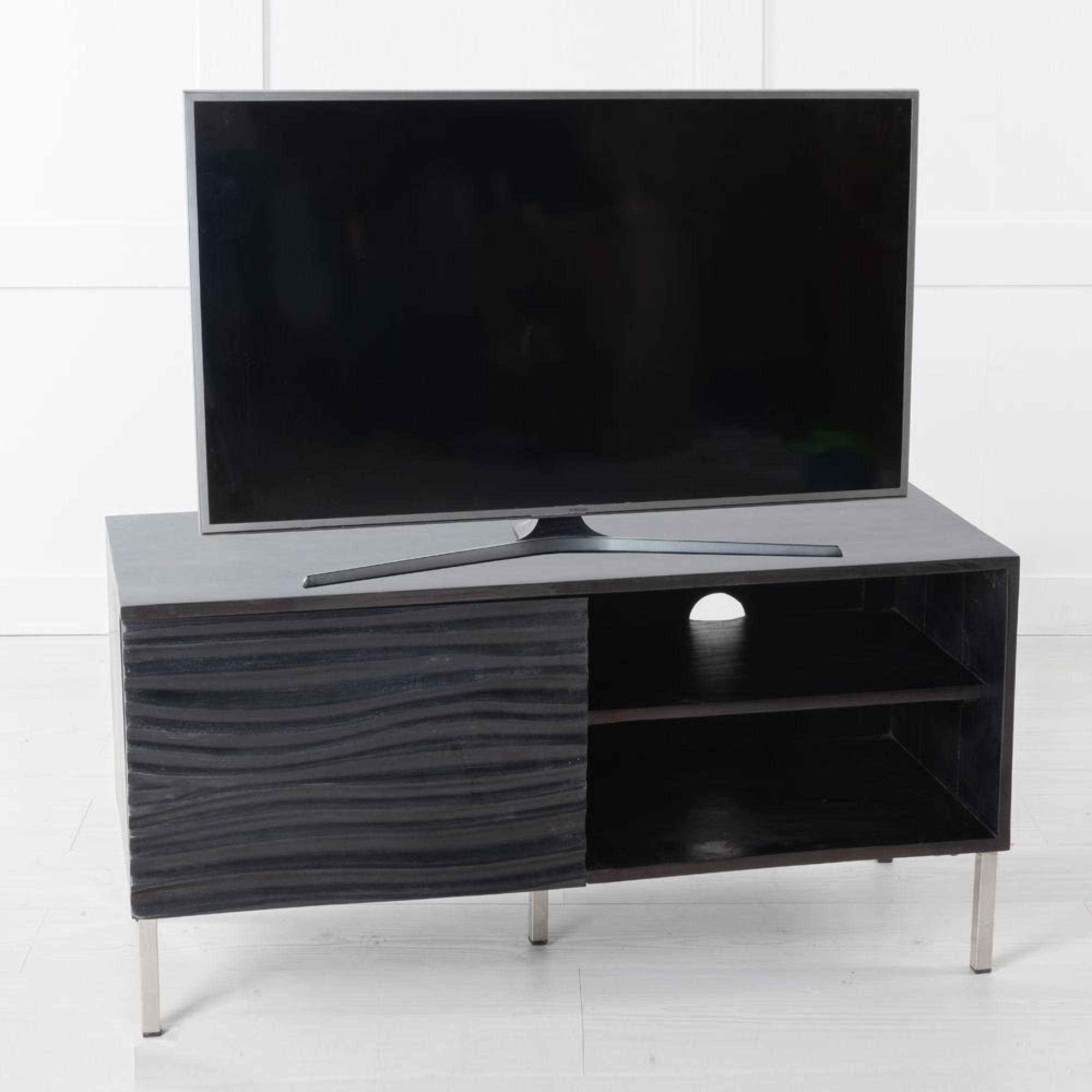 Clearance - Wave Mango Wood TV Unit, Black Ripple Pattern 100cm Wide, Stand Upto 32in Plasma - 1 Door with 2 Shelf - Brand New Item