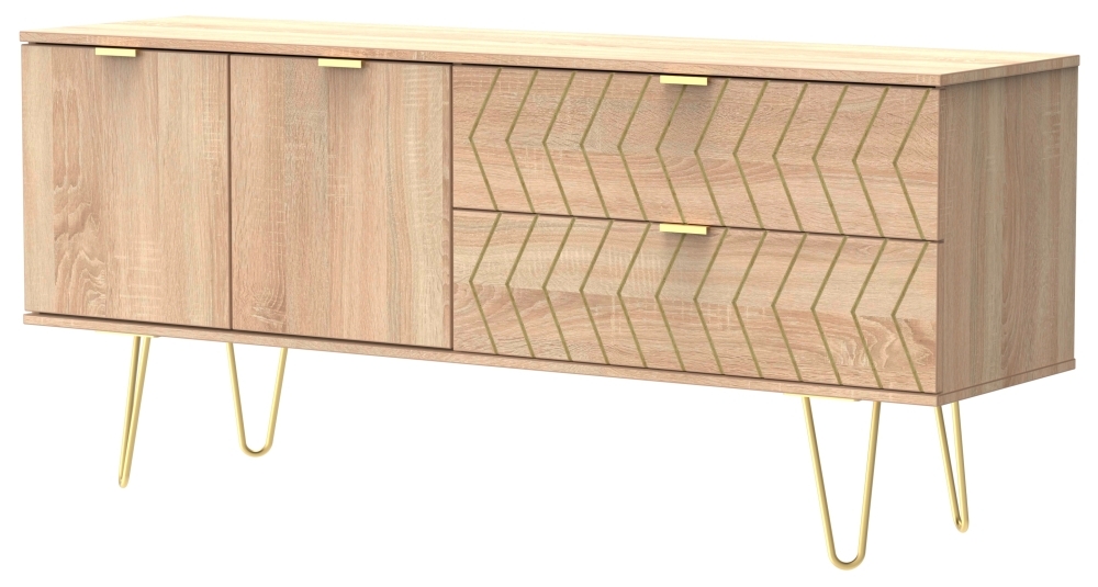 Jigsaw TV Unit - 145cm - with Gold Hairpin Legs - Oak