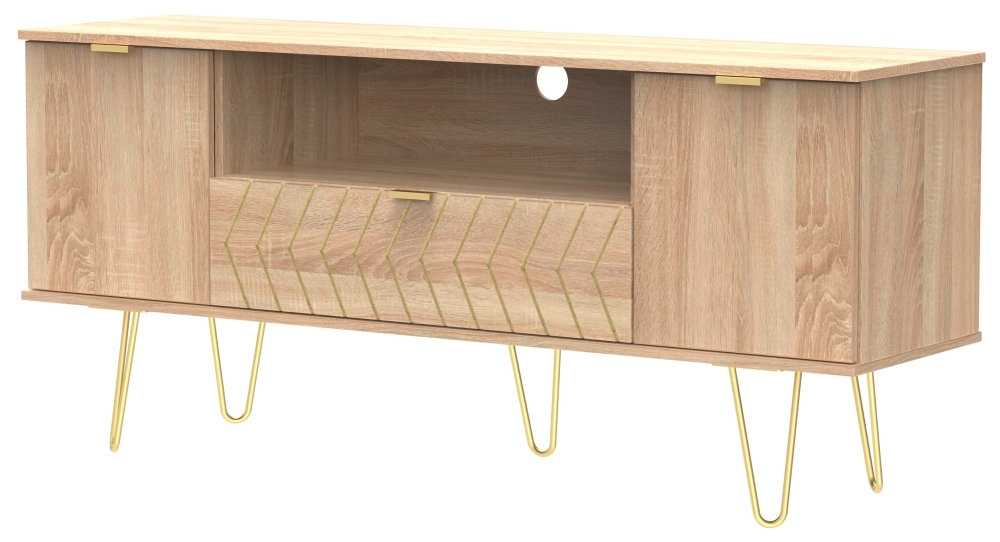 Jigsaw TV Unit - 65cm - with Gold Hairpin Legs - Oak