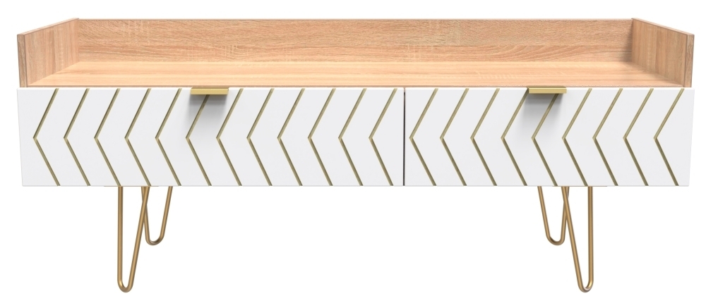 Jigsaw TV Unit - 130cm - 2 Drawers - with Gold Hairpin Legs - White and Oak