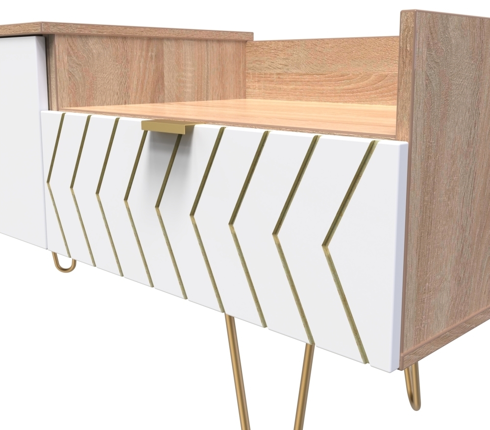 Jigsaw TV Unit - 130cm - with Gold Hairpin Legs - White and Oak