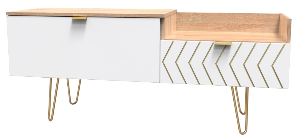 Jigsaw TV Unit - 130cm - with Gold Hairpin Legs - White and Oak