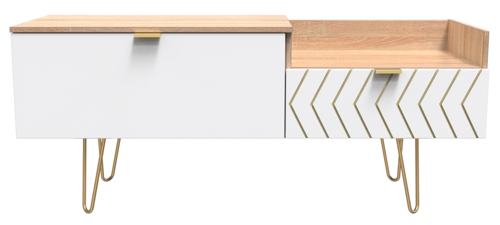 Jigsaw TV Unit - 130cm - with Gold Hairpin Legs - White and Oak