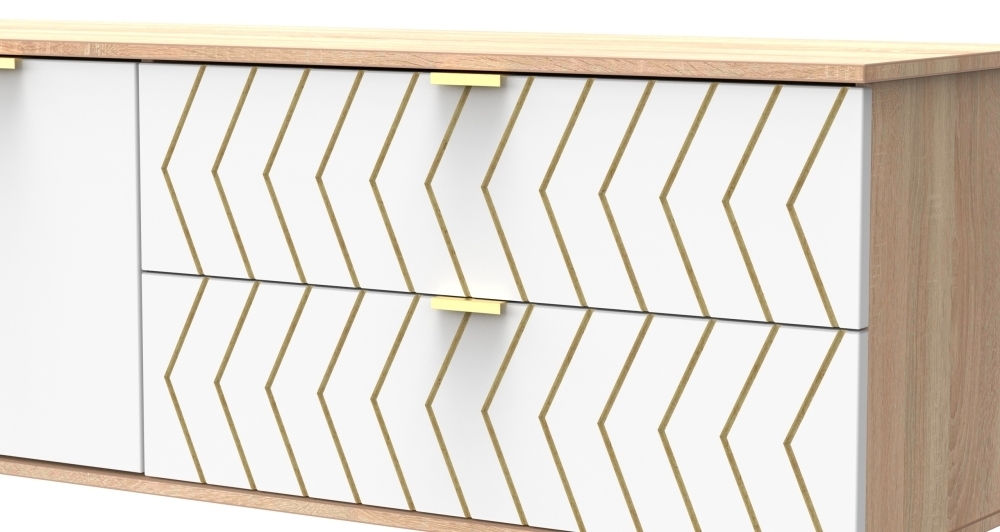 Jigsaw TV Unit - 145cm - with Gold Hairpin Legs - White and Oak