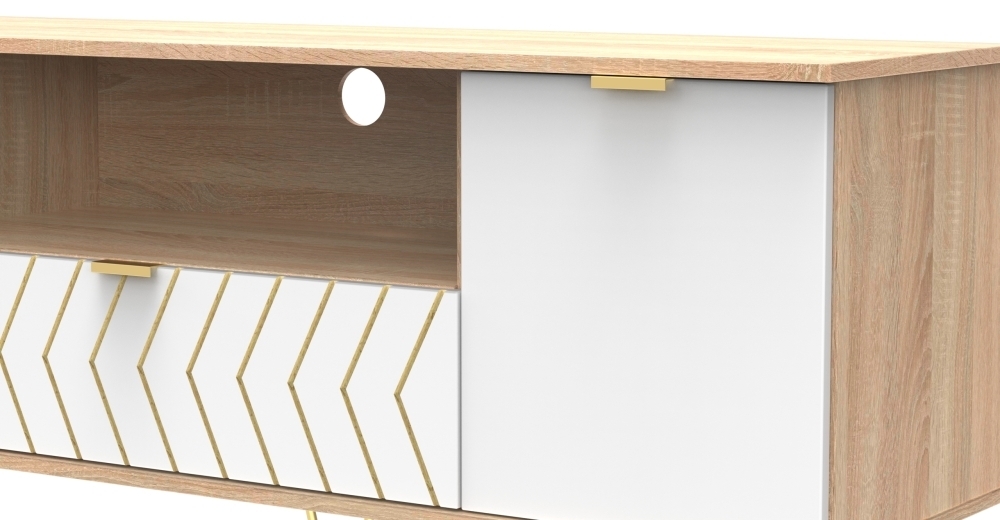 Jigsaw TV Unit - 65cm - with Gold Hairpin Legs - White and Oak