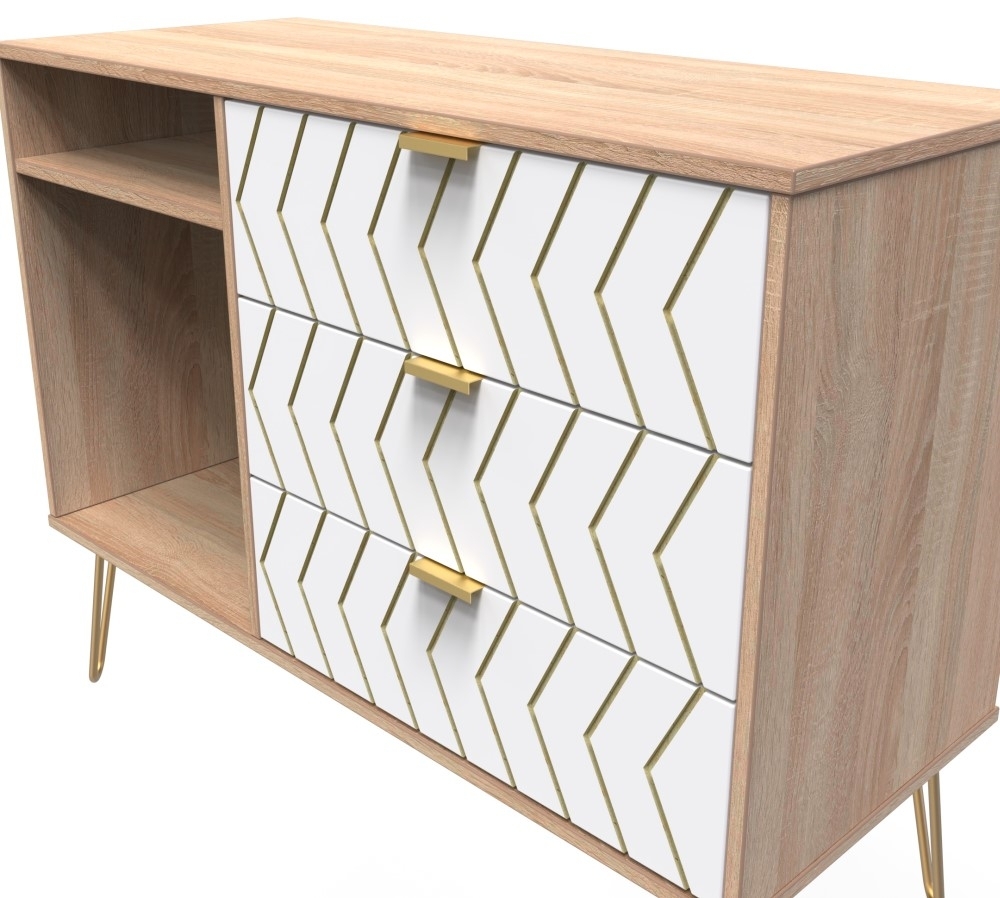 Jigsaw TV Unit - 95cm - with Gold Hairpin Legs - White and Oak